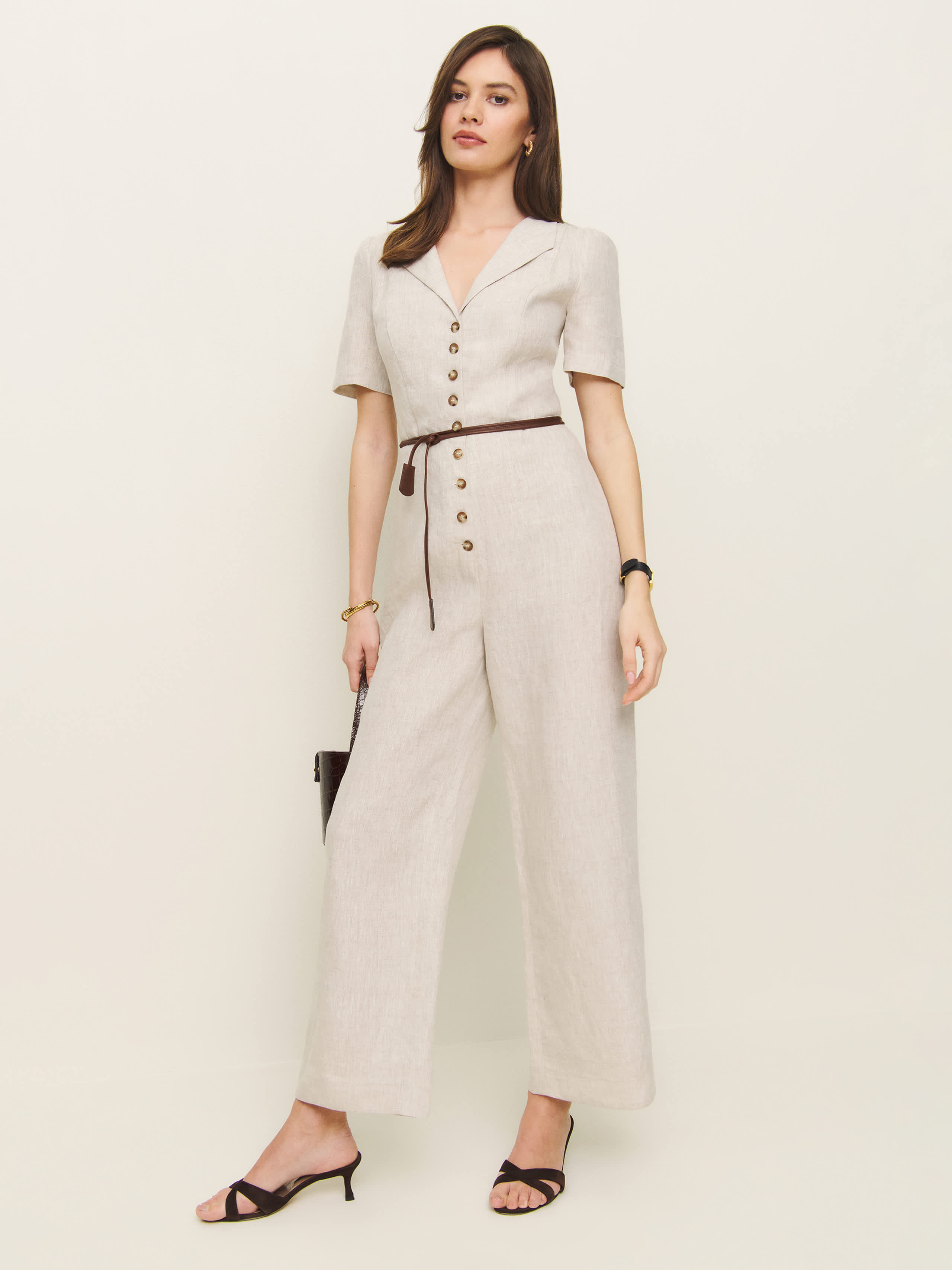 Shop Reformation Emery Linen Jumpsuit In Oatmeal