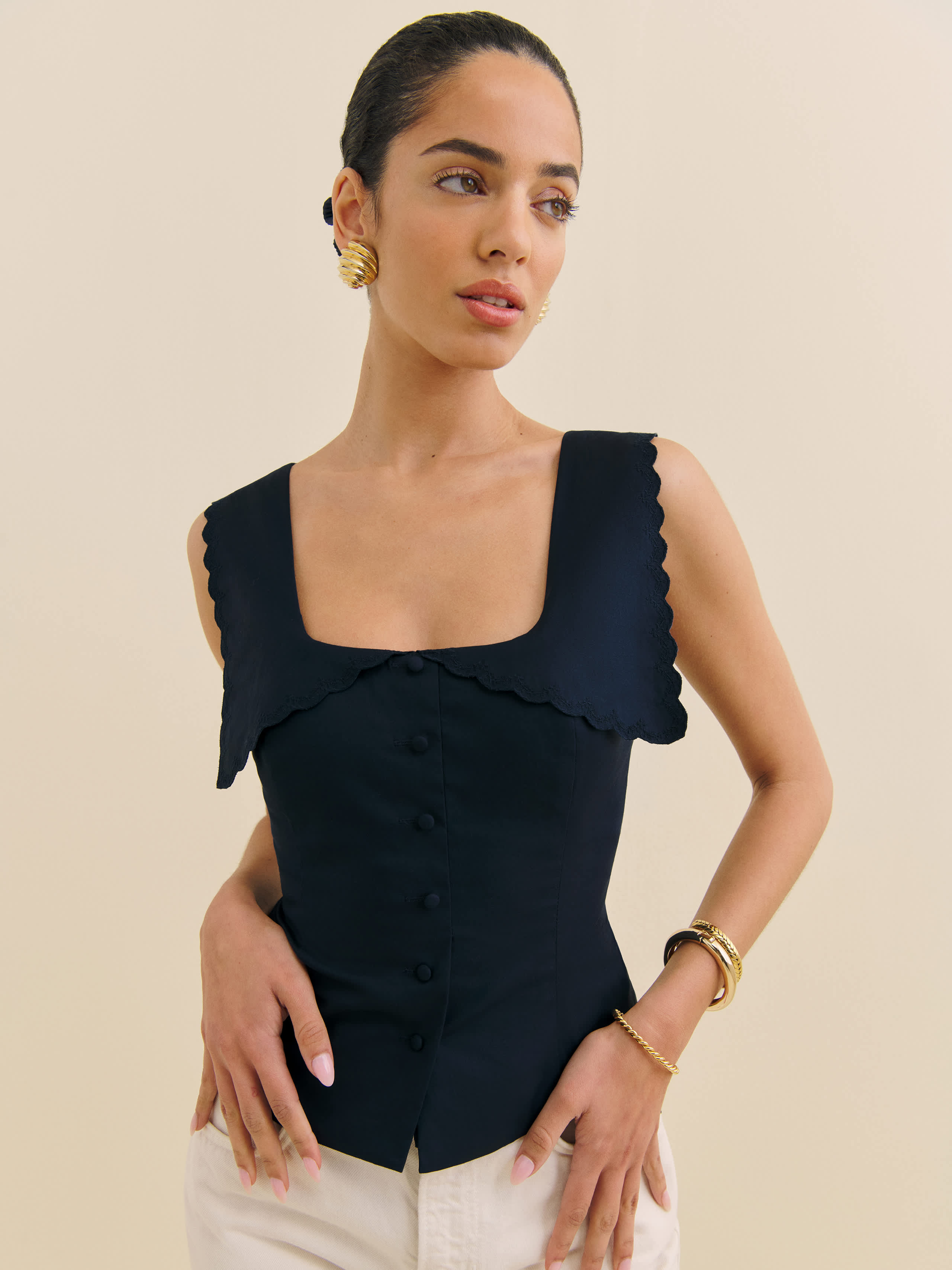 Reformation Juliane Square Neck Stretch Cotton Button-up Shirt In Midnight