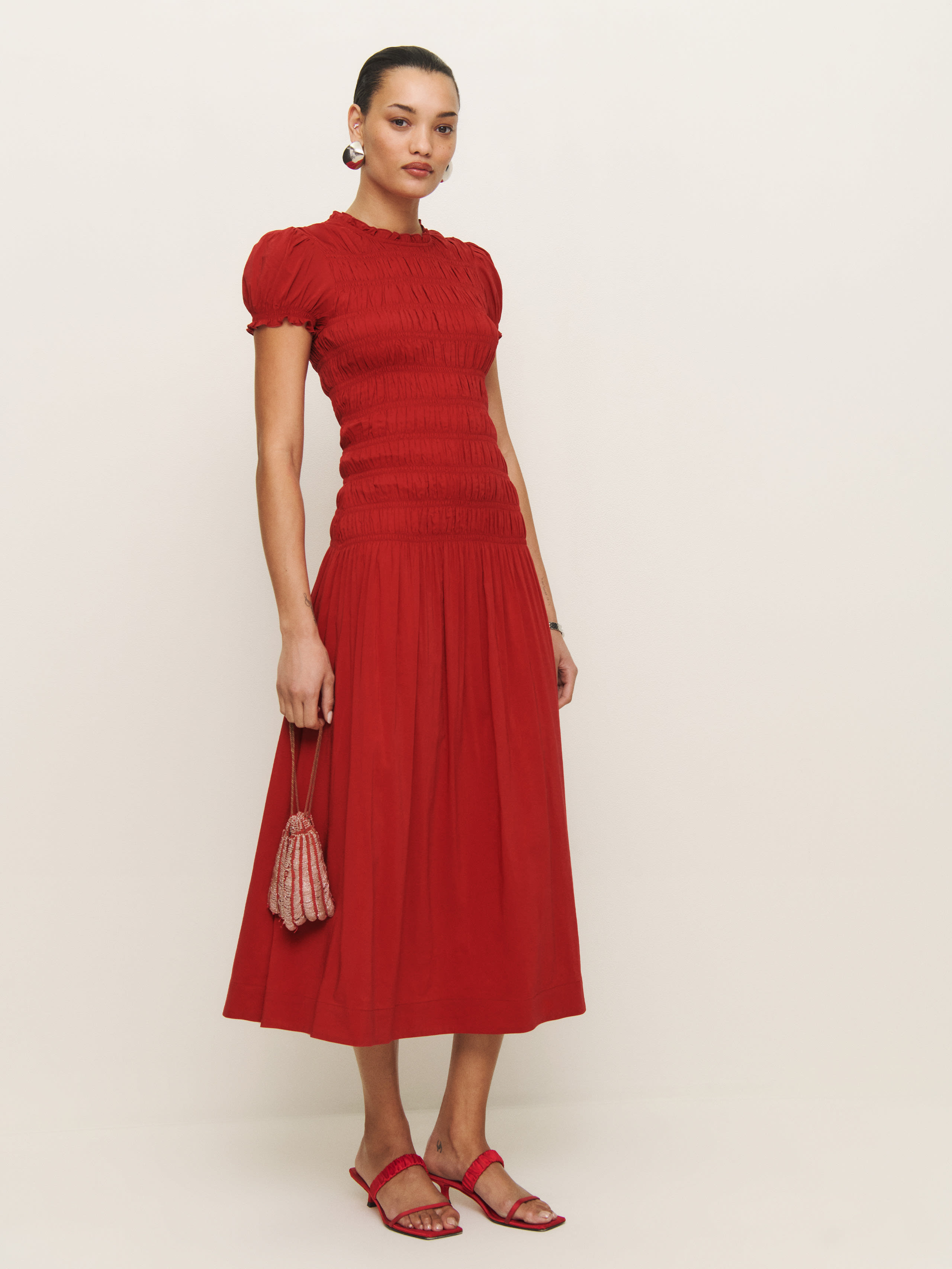 Reformation Kiria Smocked Midi Dress In Lipstick