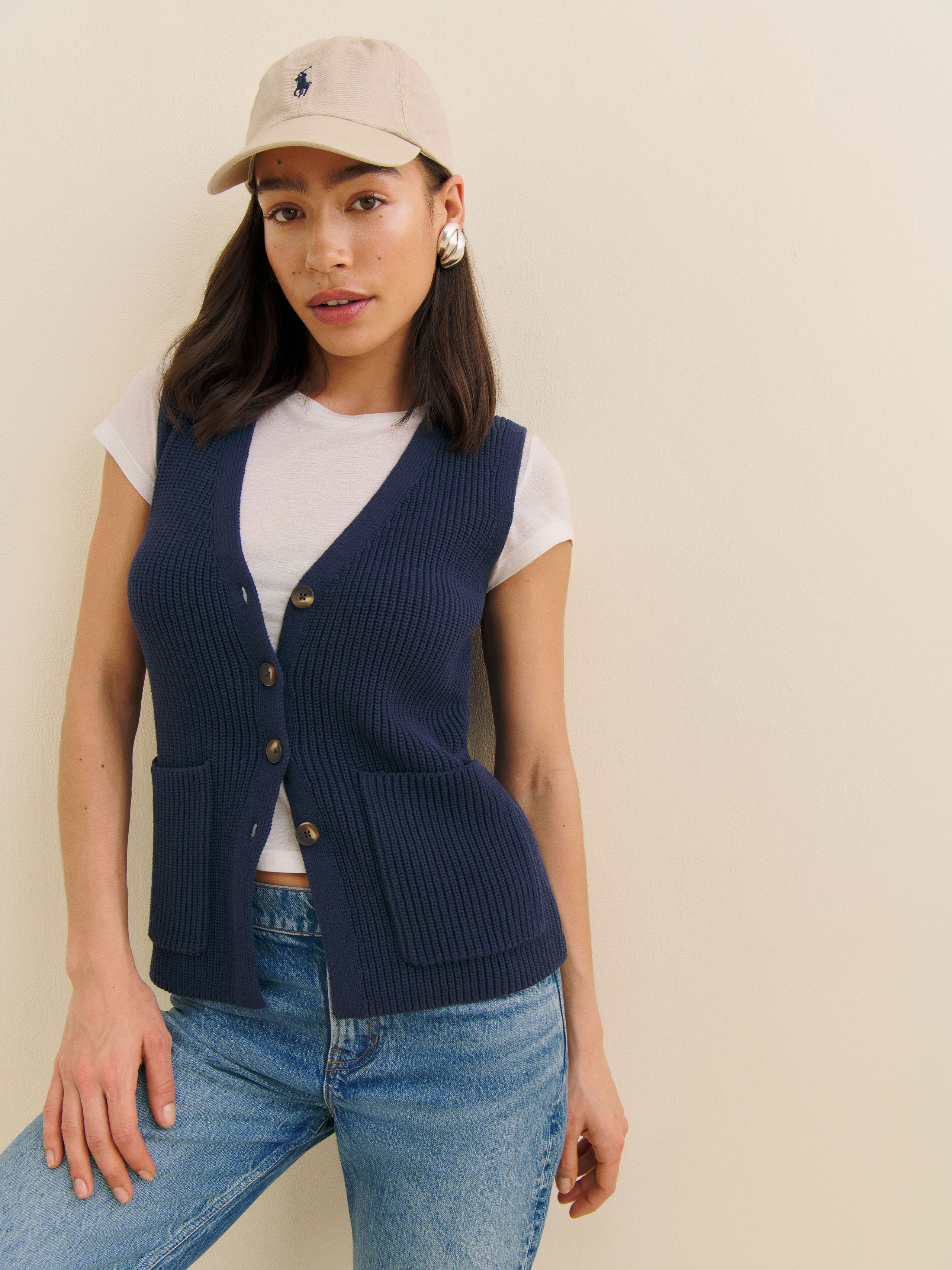 Reformation Faye Organic Cotton Sweater Vest In Navy