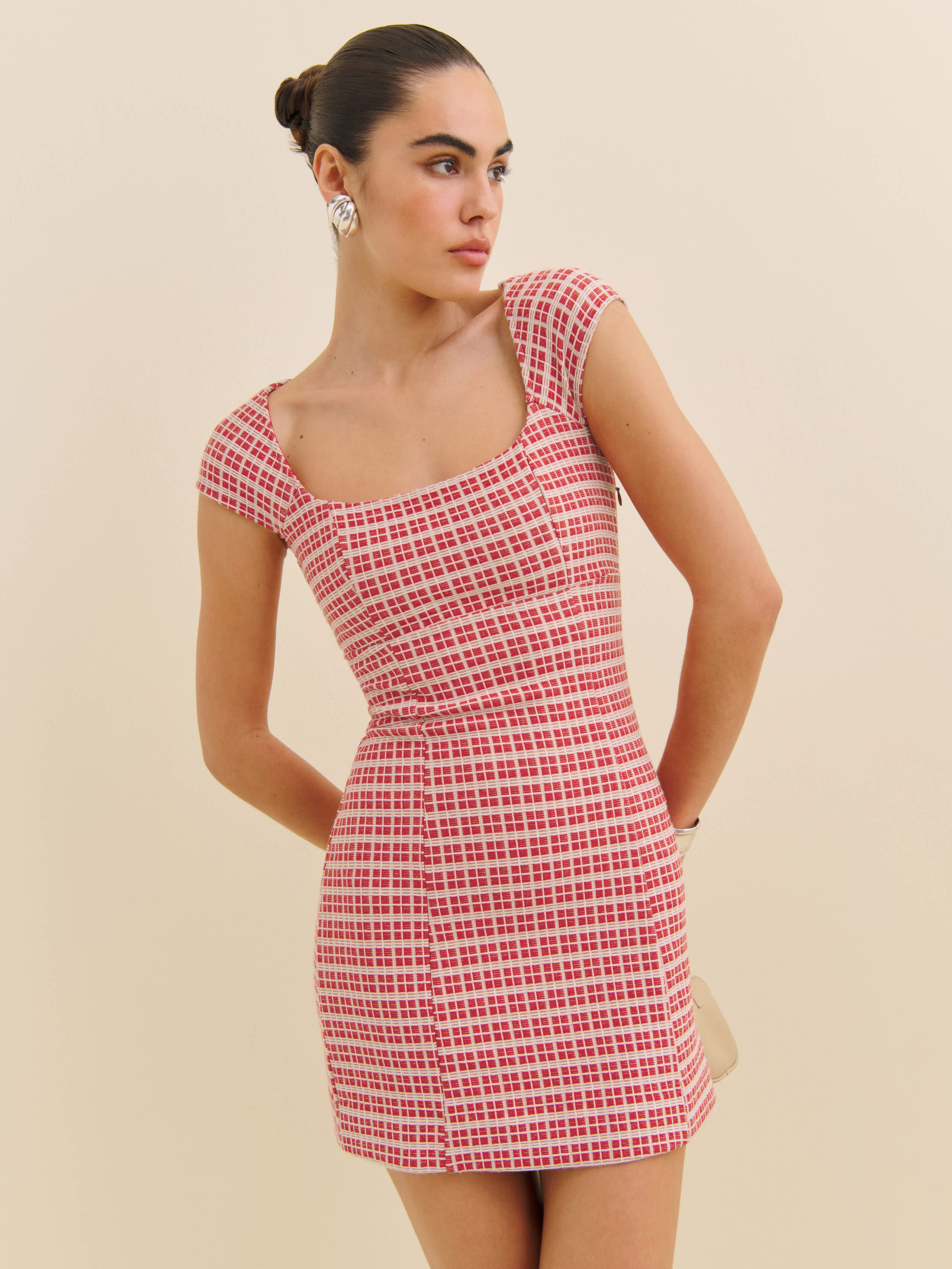 Reformation Xenia Knit Dress In Red Check