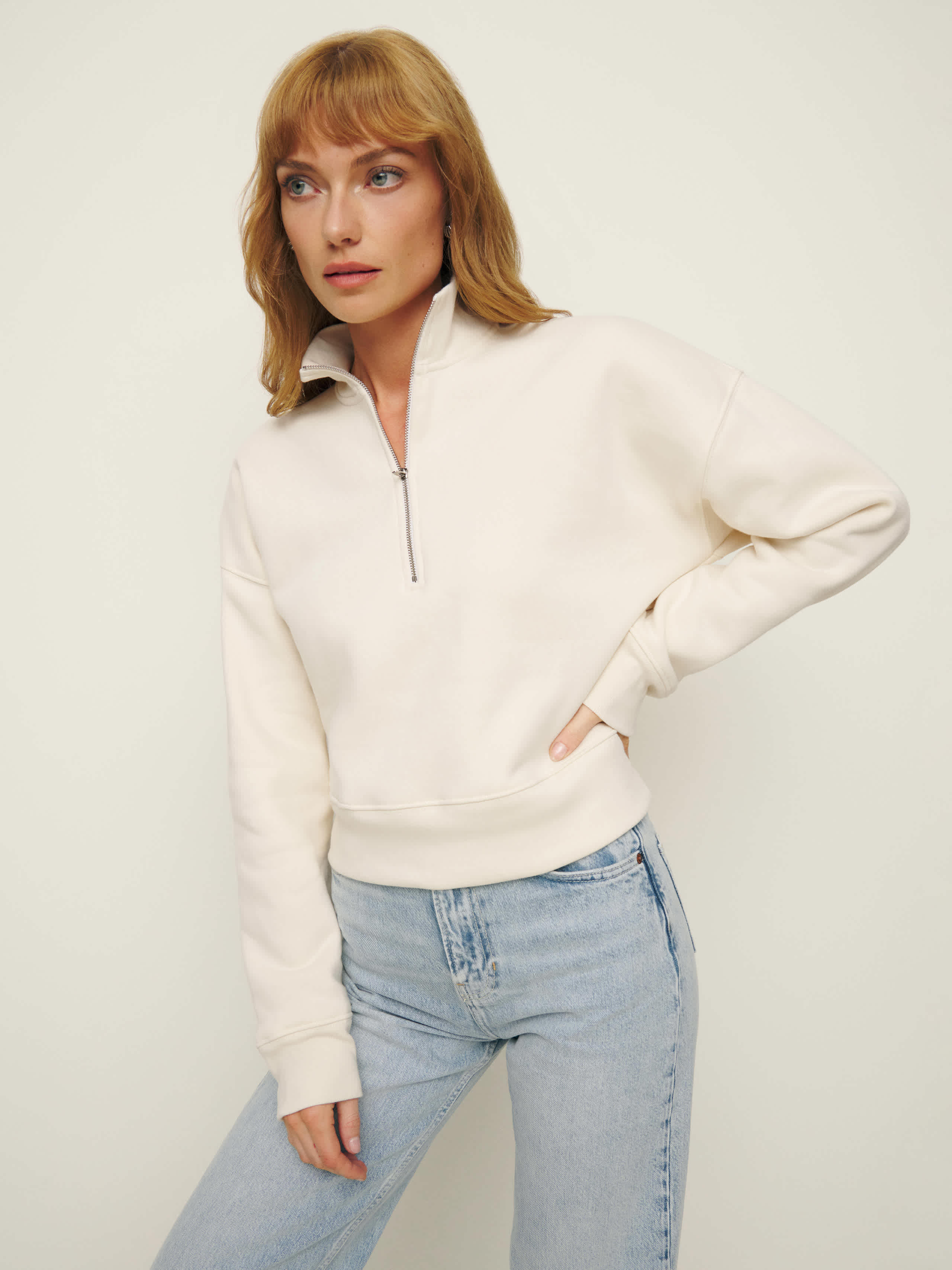 Reformation Marla Zip Sweatshirt In White