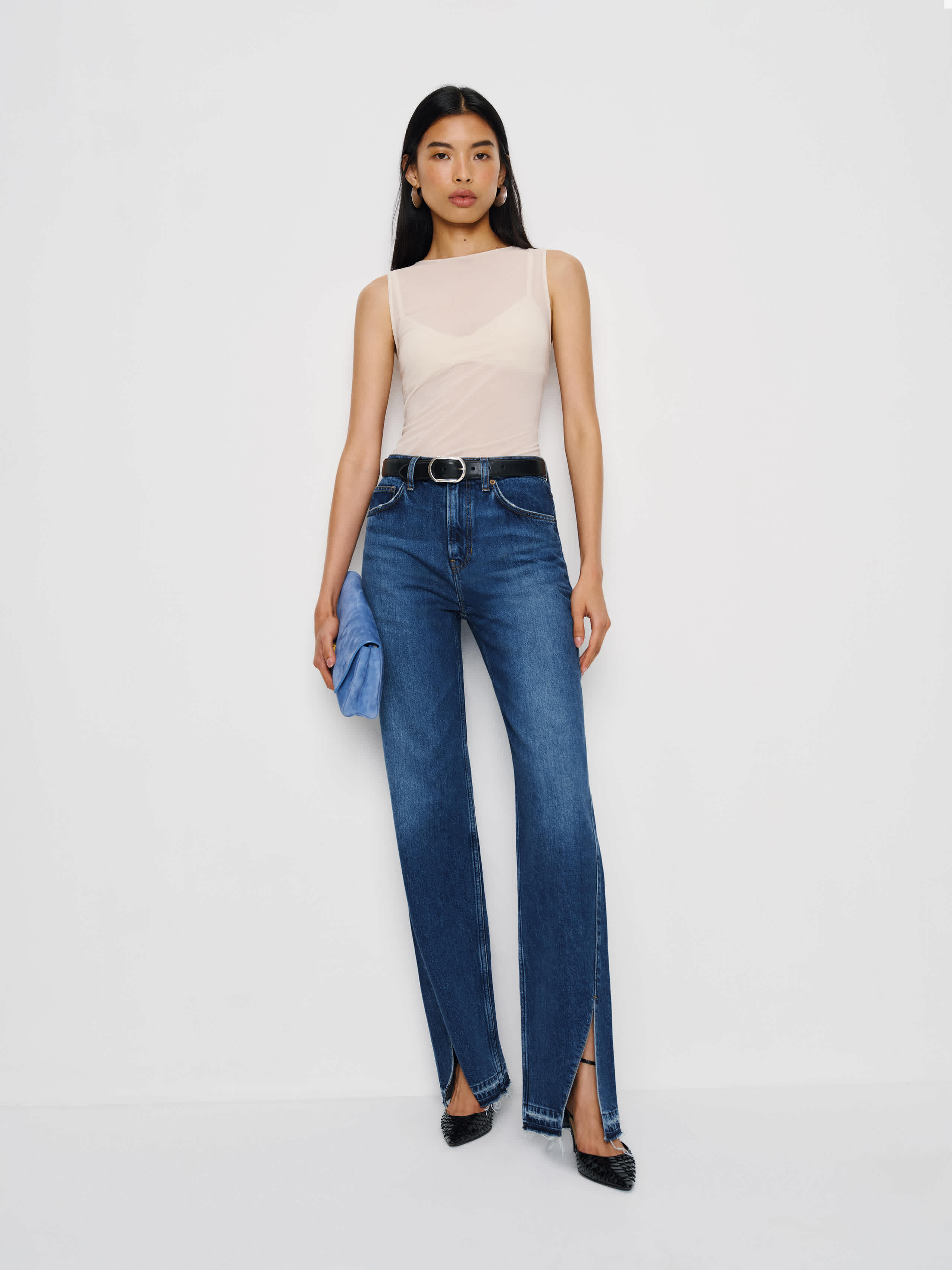 Reformation Val 90s Mid Rise Straight Jeans Maggiore Vented Let Down Hem In Blue