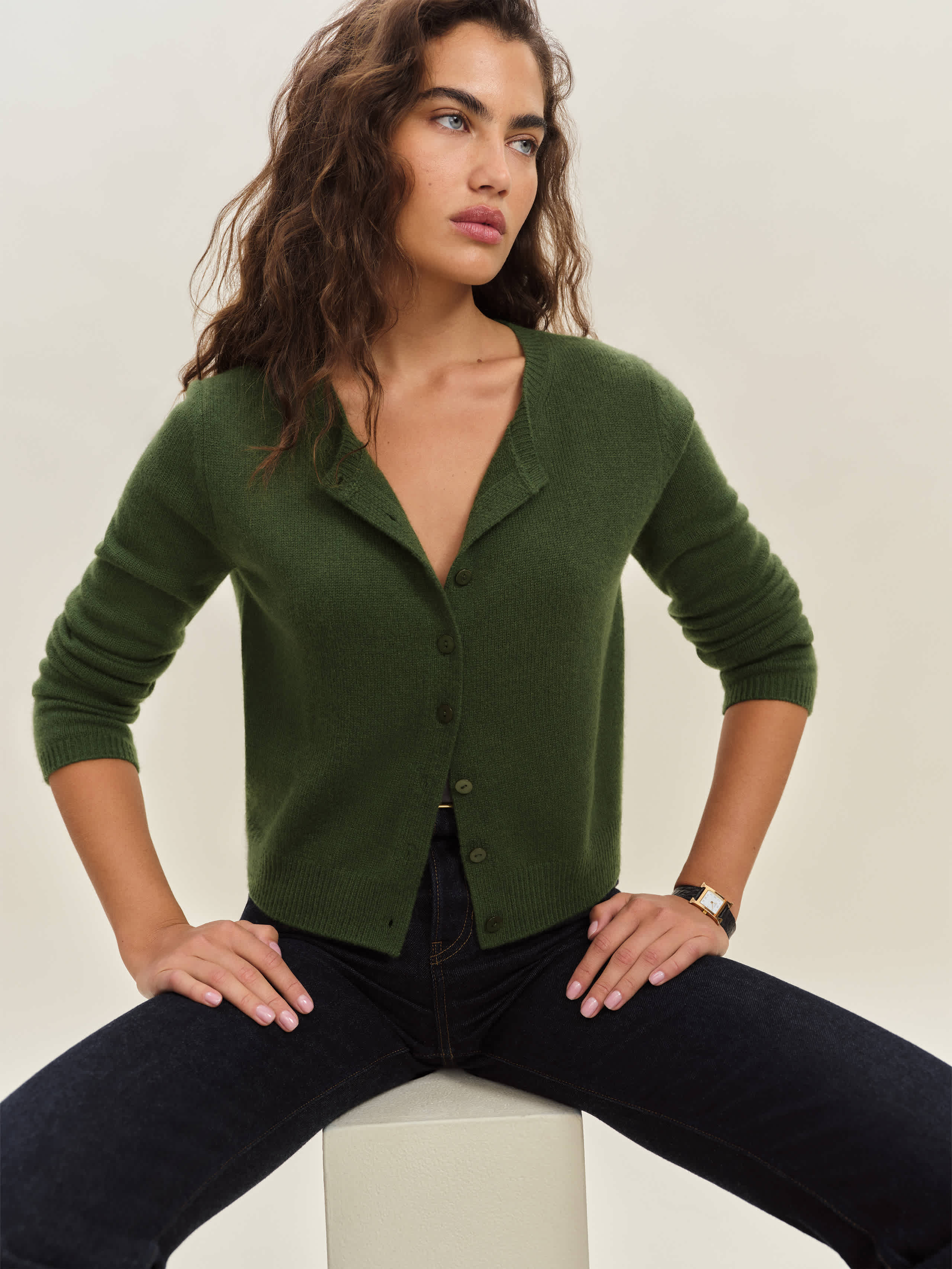 Shop Reformation Clara Cashmere Crew Cardigan In Green
