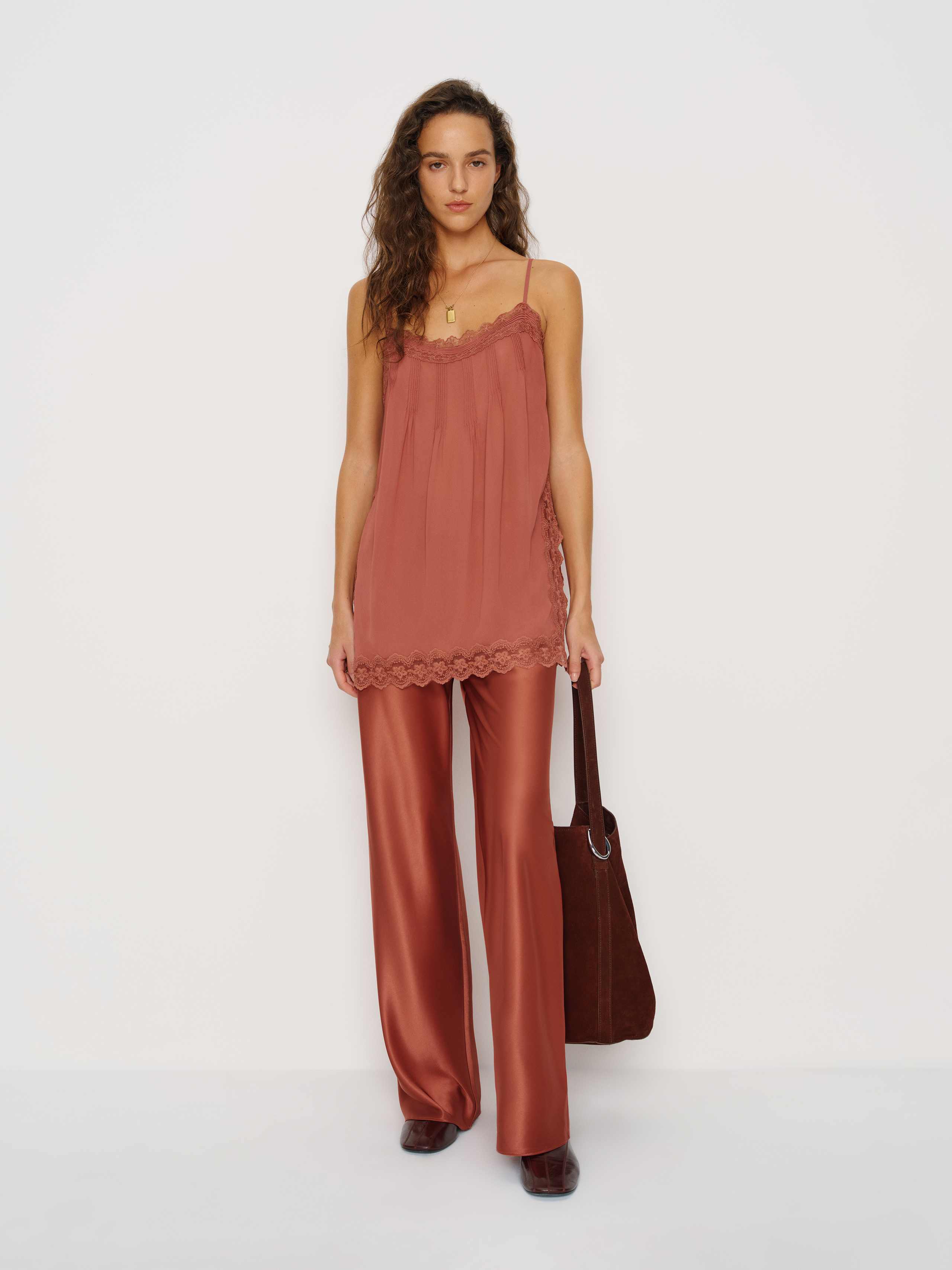 Reformation Petites Gale Satin Mid Rise Bias Pant In Brown