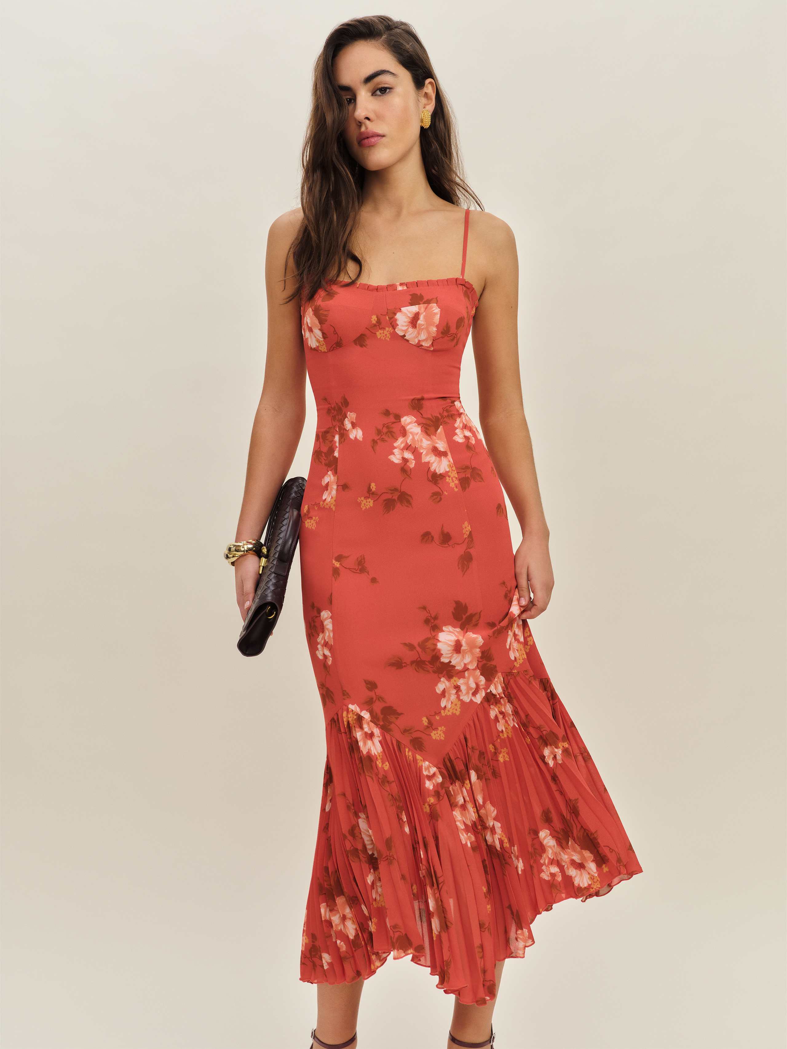 Reformation Aiko Floral Pleated Hem Bustier Slipdress In Coral Bloom