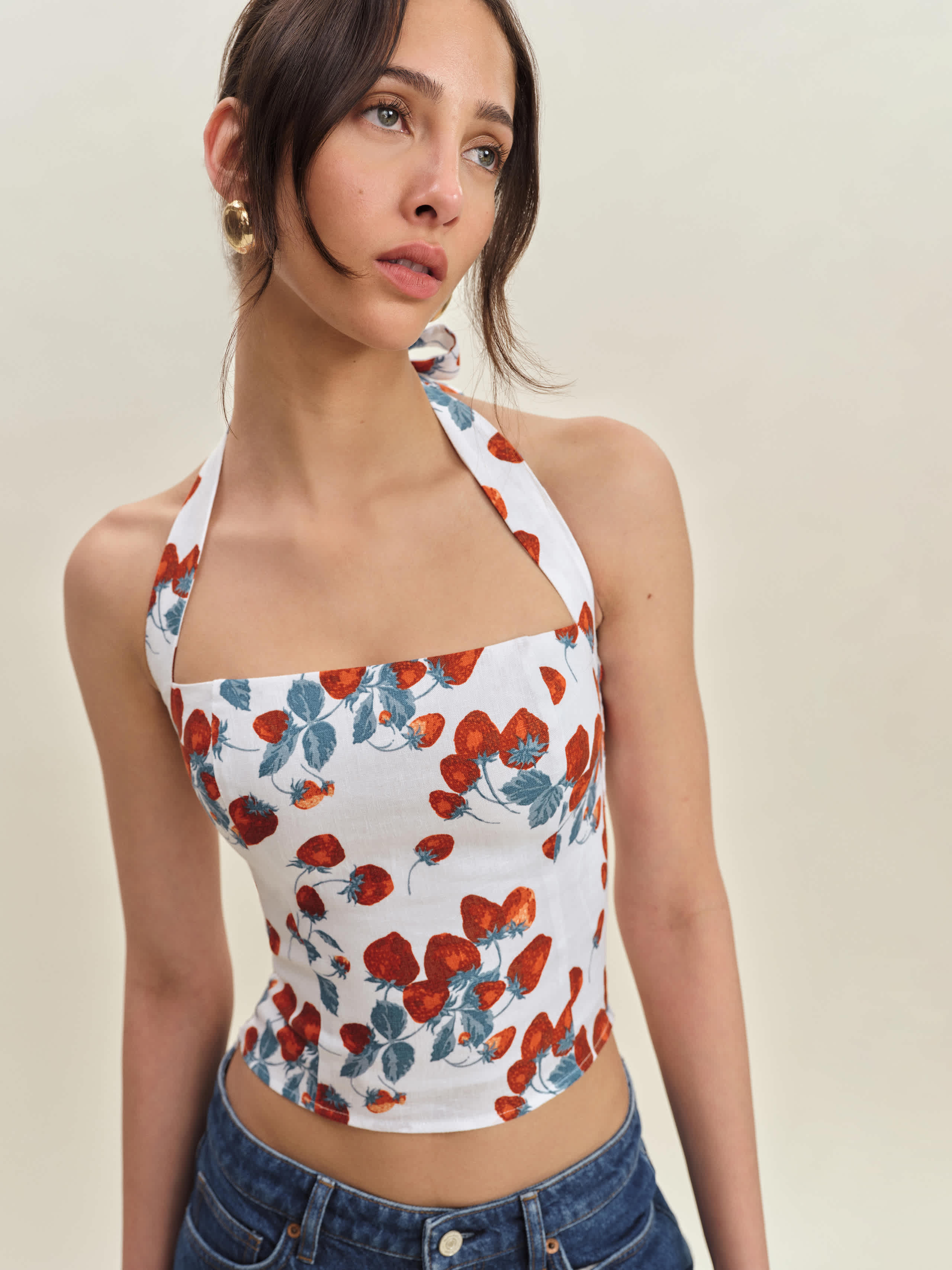 Reformation Malika Linen Top In Strawberry Jam