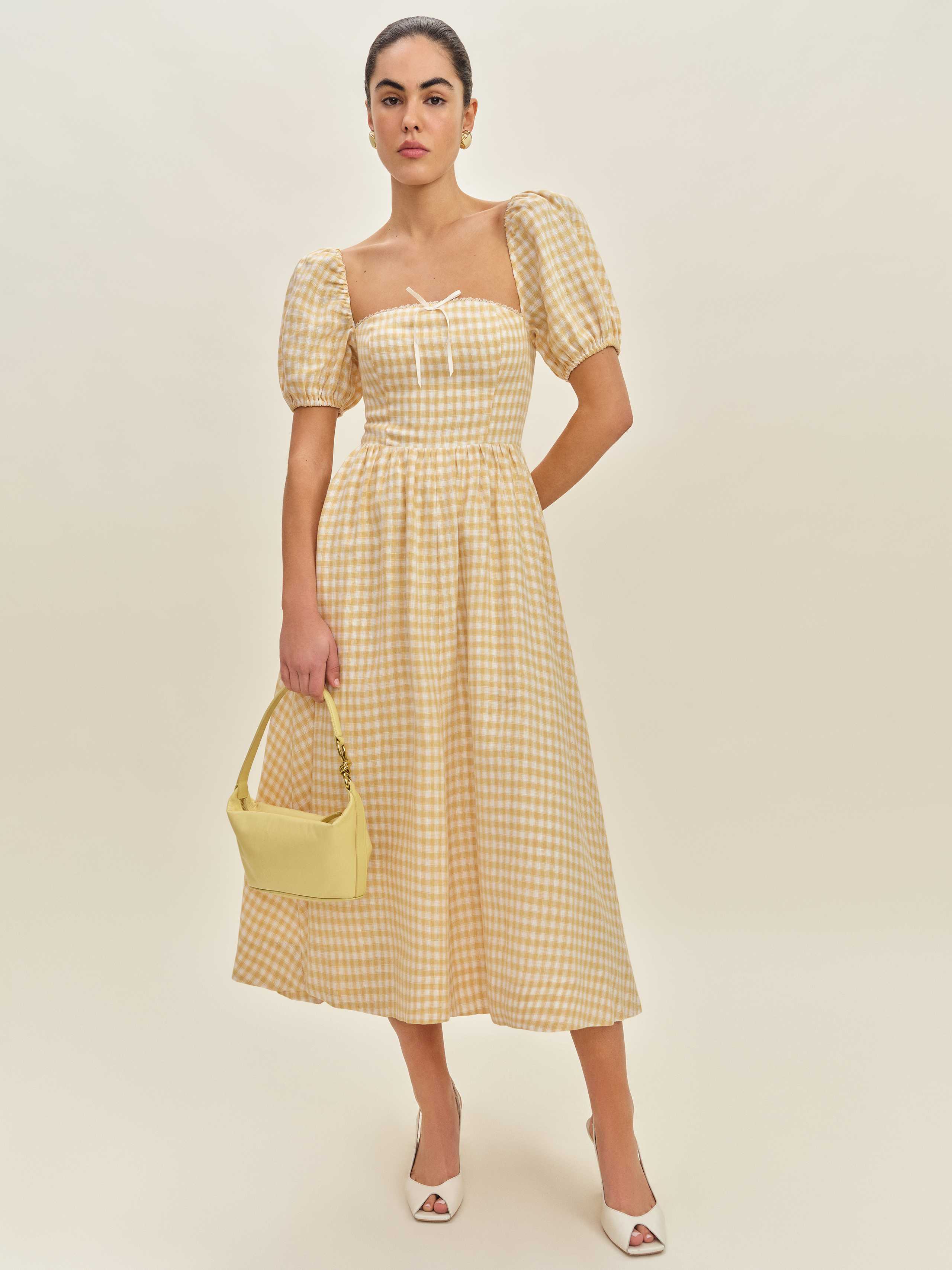 Reformation Marella Puff Sleeve Gingham Linen Midi Sundress In Sunshine Check