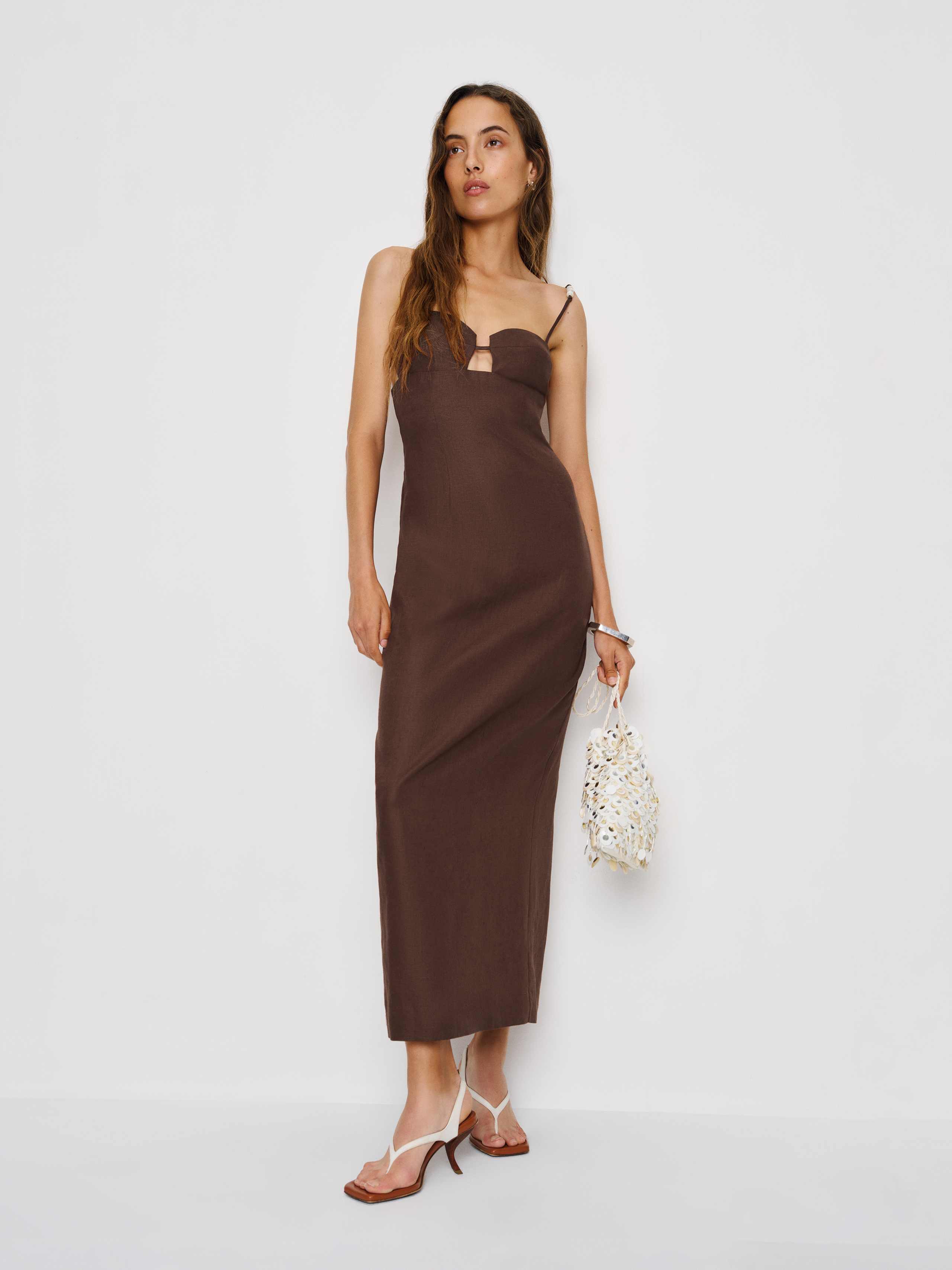 Reformation Malibu Linen Dress In Brown