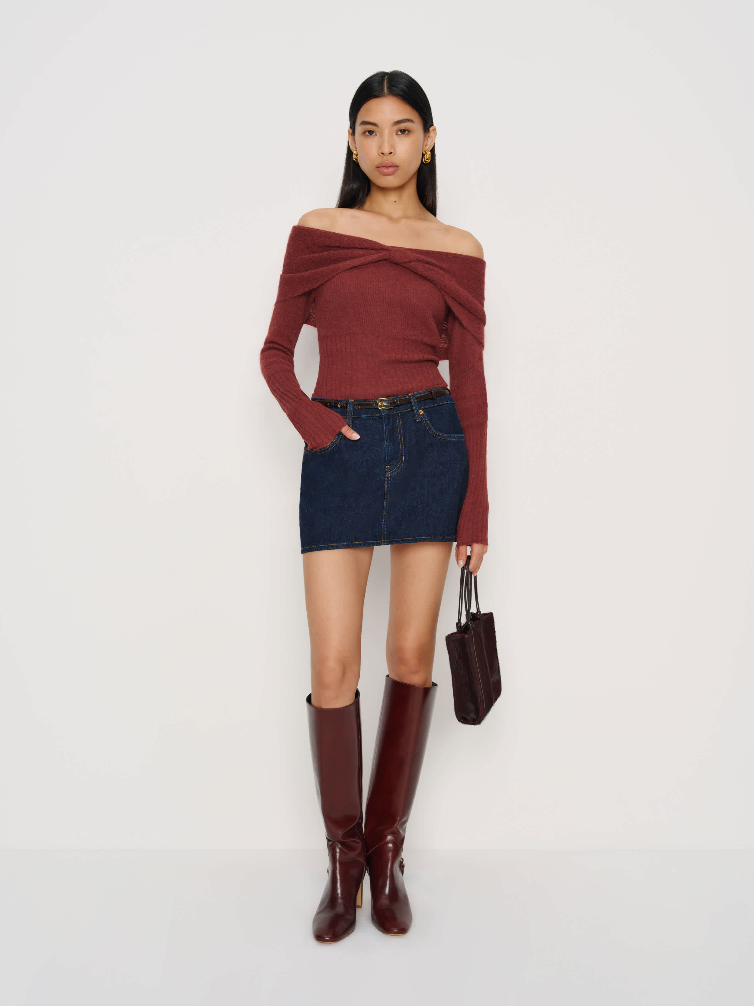 Reformation Florie Twist Front Sweater In Burgundy