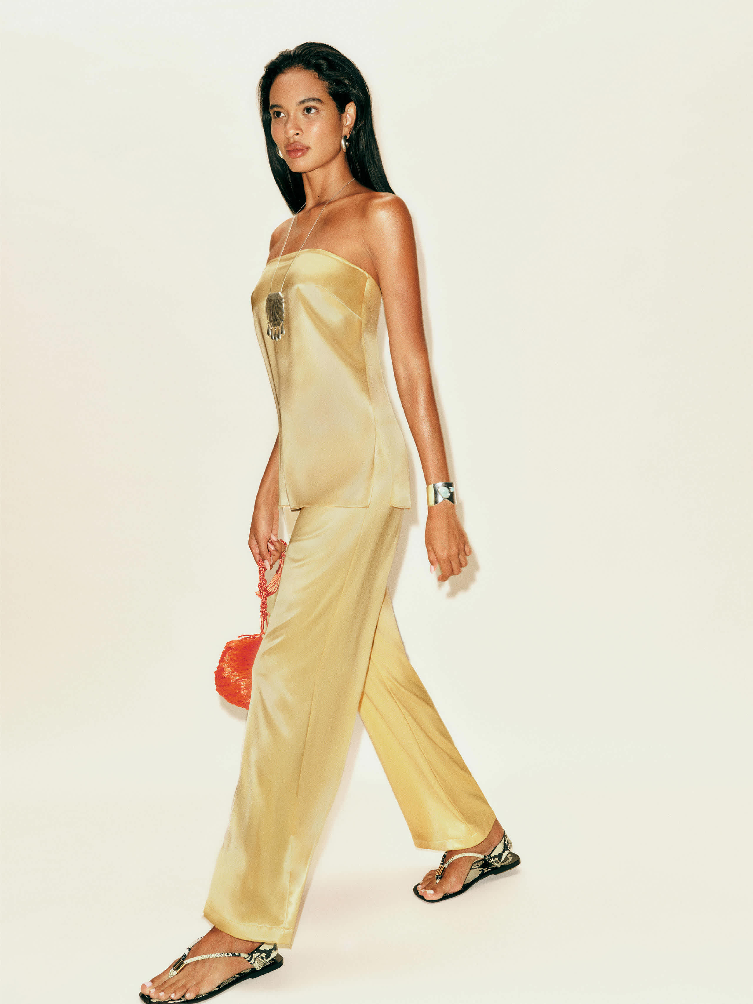 Reformation Alleia Satin Two Piece In Gold