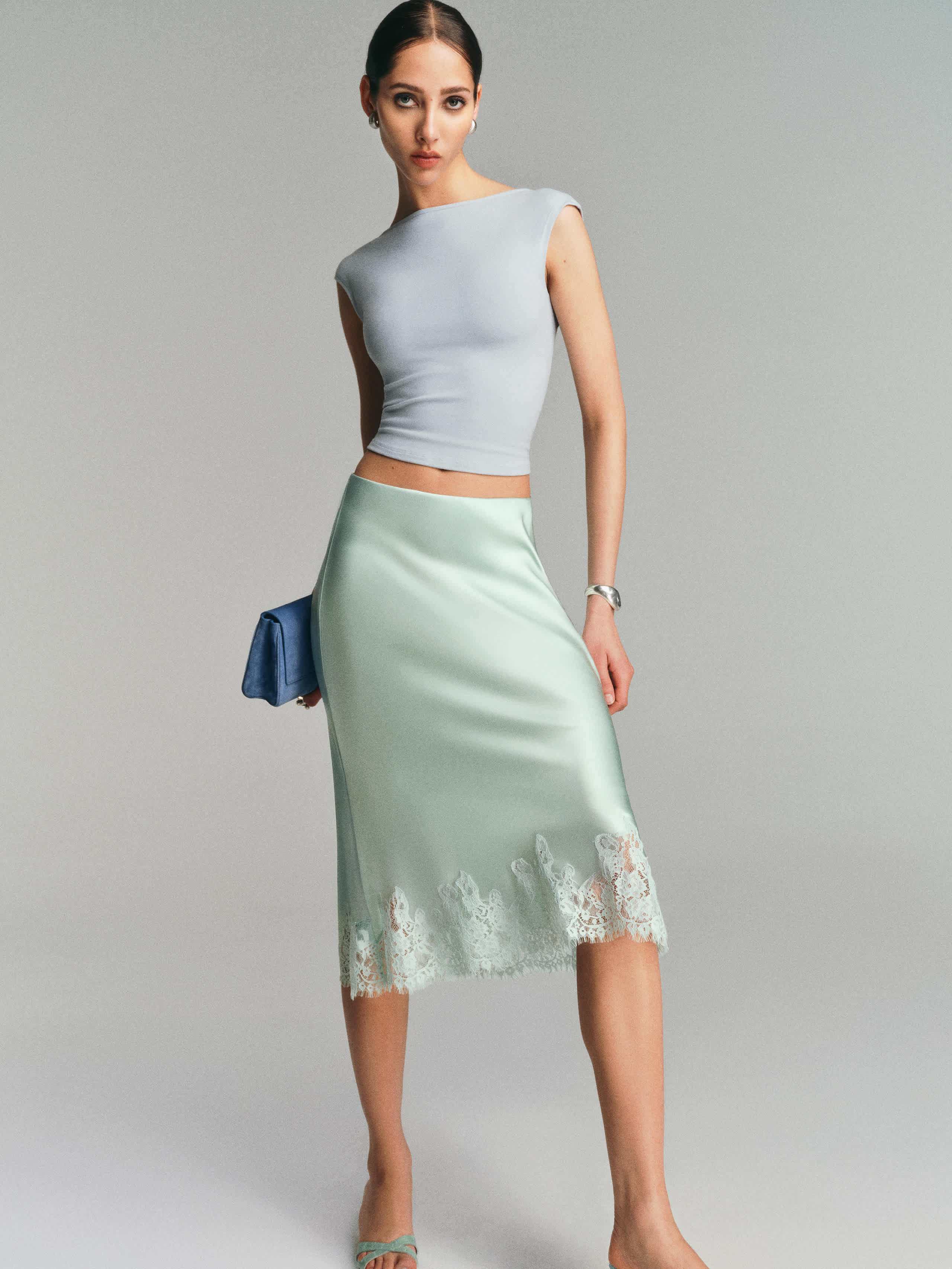 Reformation Womens Sea Glass Carolina Lace-trim Silk-charmeuse Midi Skirt Xs In Sea Glass