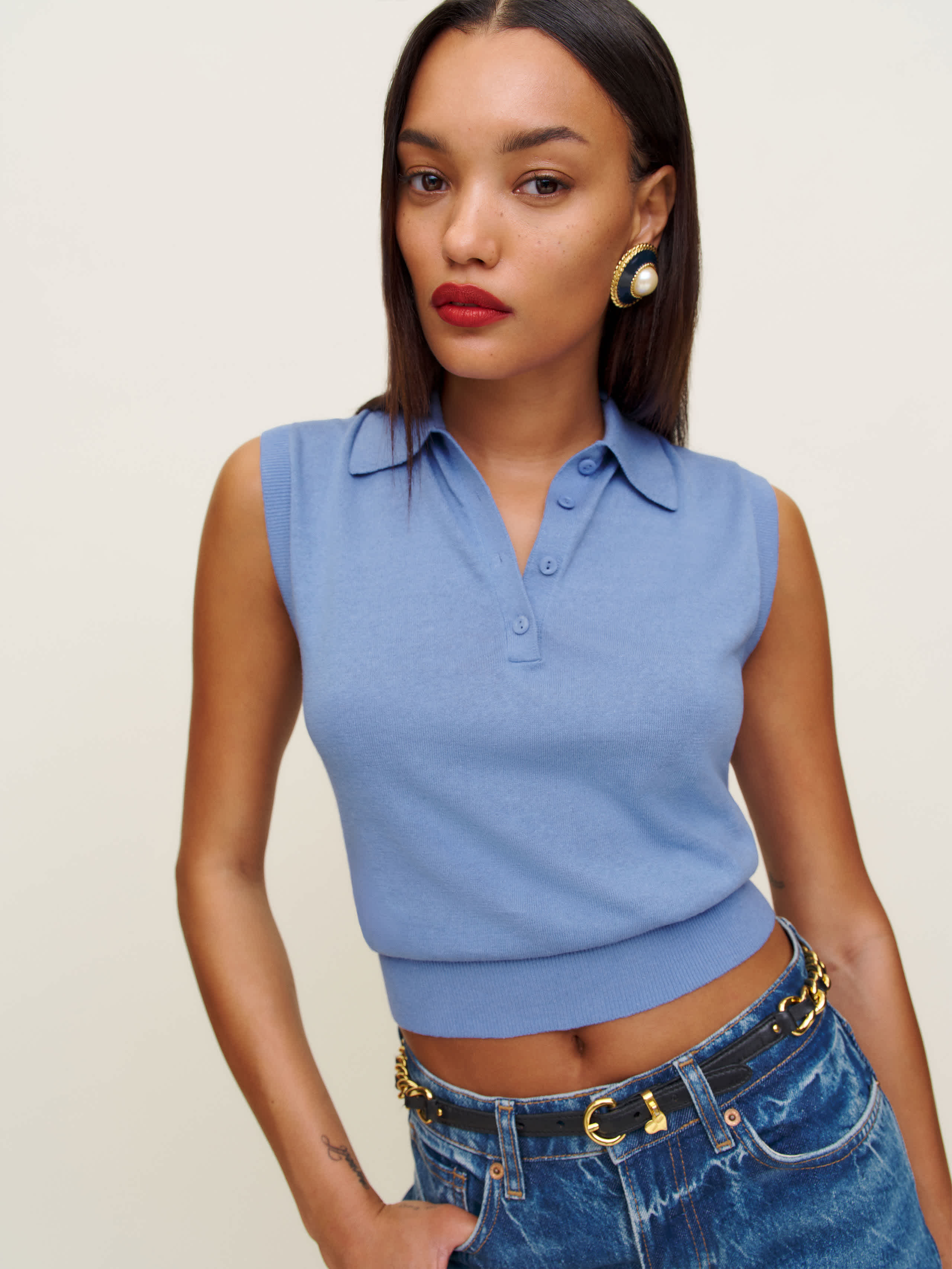 Shop Reformation Carrie Linen Cotton Polo In Blue Moon