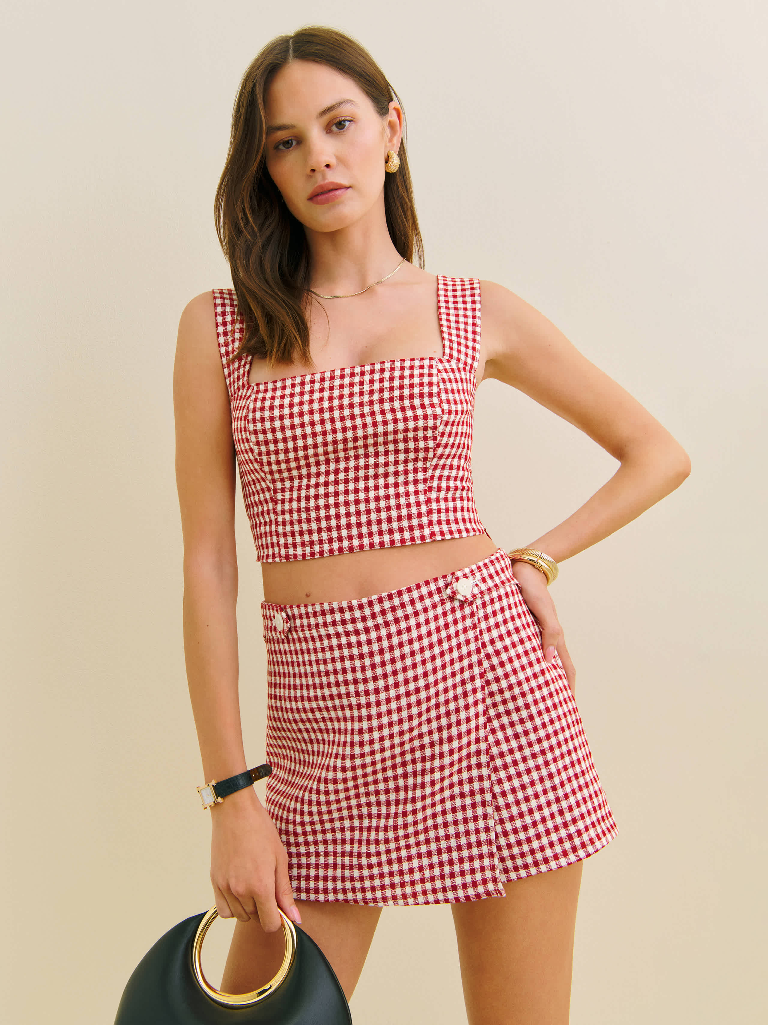 Reformation Jasmine Linen Top In Tomato Check