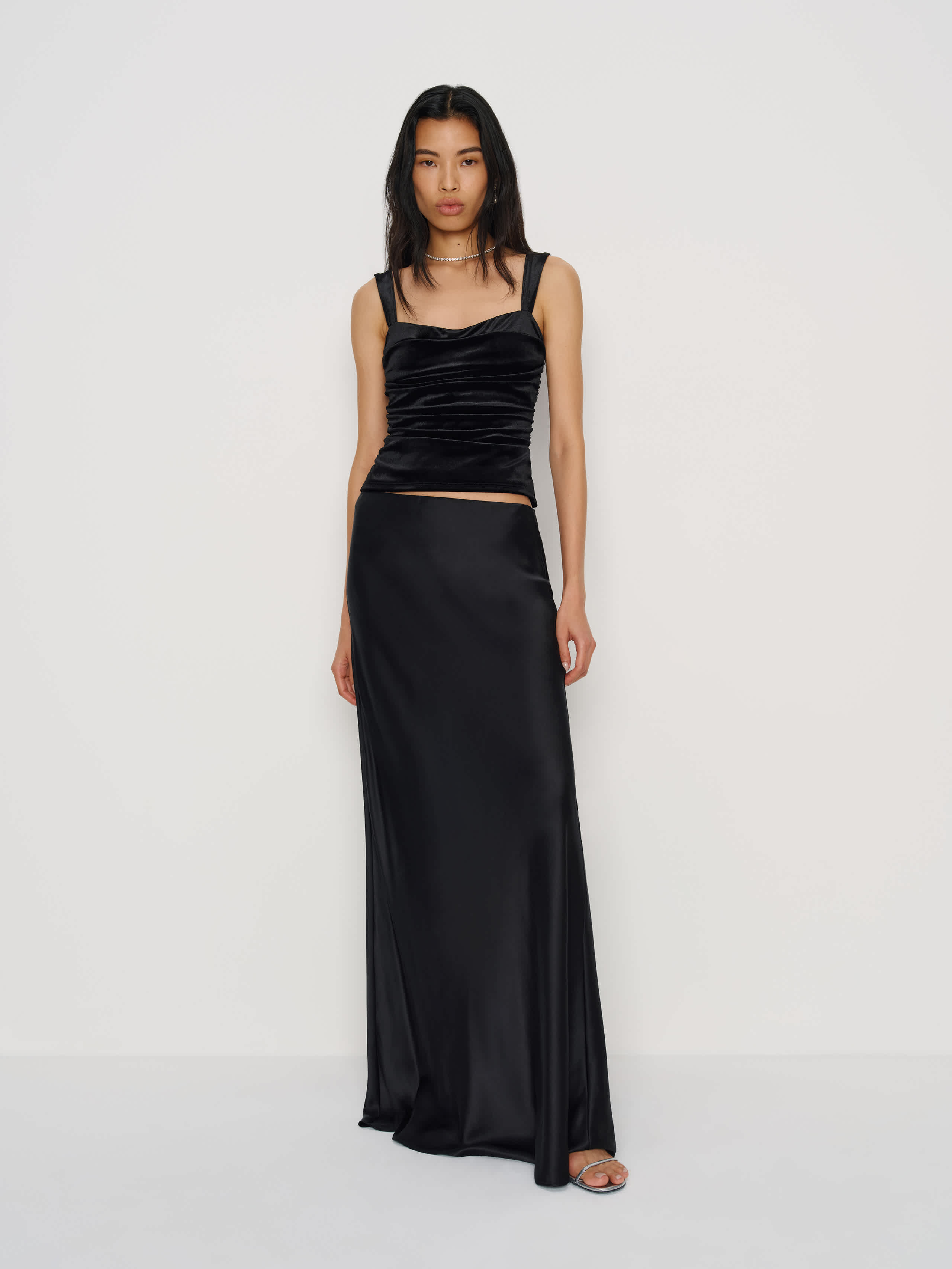 Reformation Trish Ruched Velvet Tank In Black