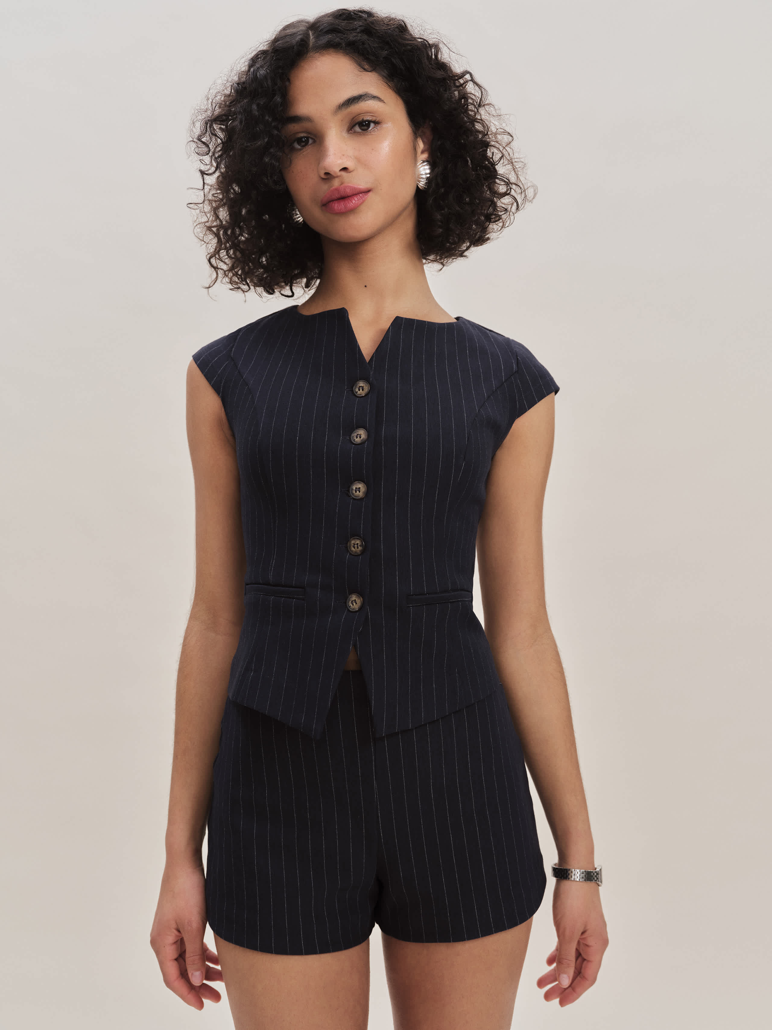 Reformation Lola Knit Two Piece In Navy Pinstripe