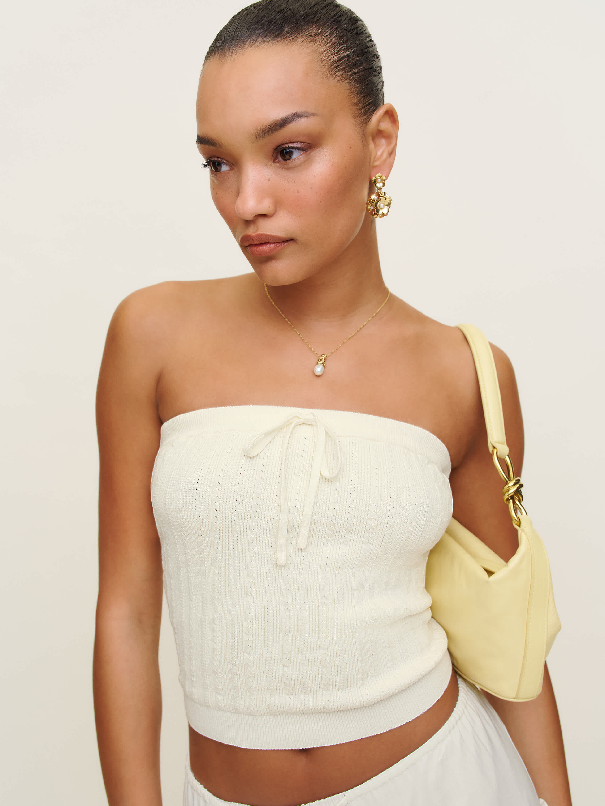 Shop Reformation Zazie Cotton Strapless Sweater In Fior Di Latte