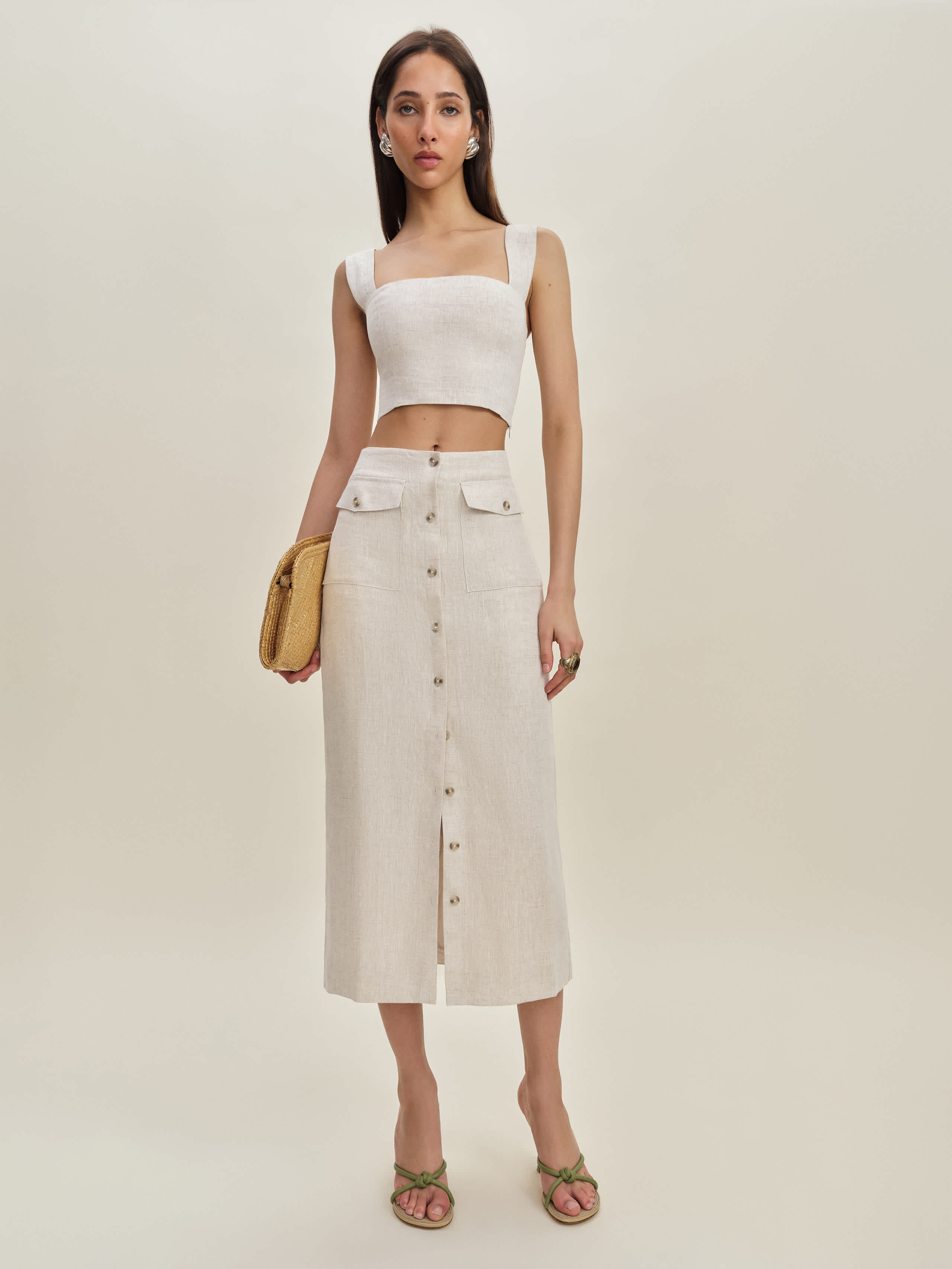Reformation Britt Linen Skirt In Oatmeal