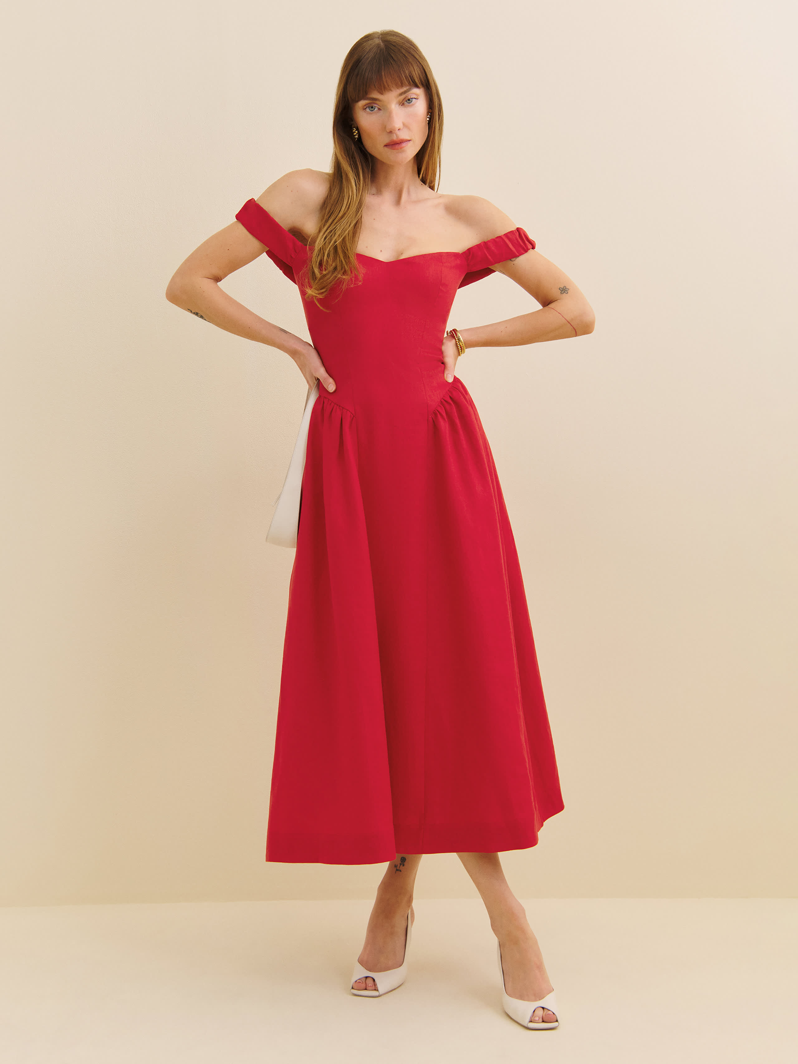 REFORMATION PETITES MONET LINEN DRESS RED 0P