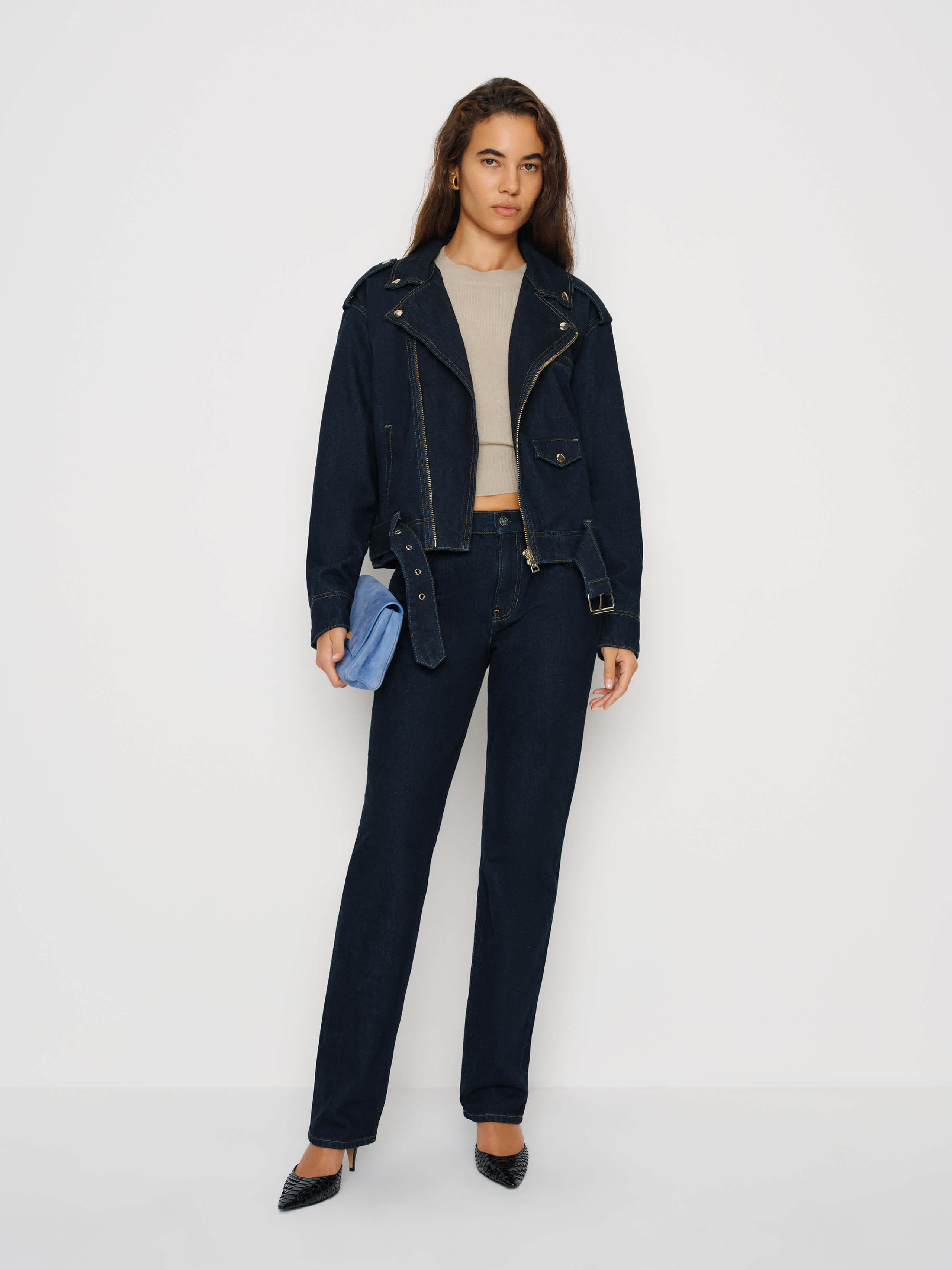 Reformation Senna Denim Moto Jacket In Black