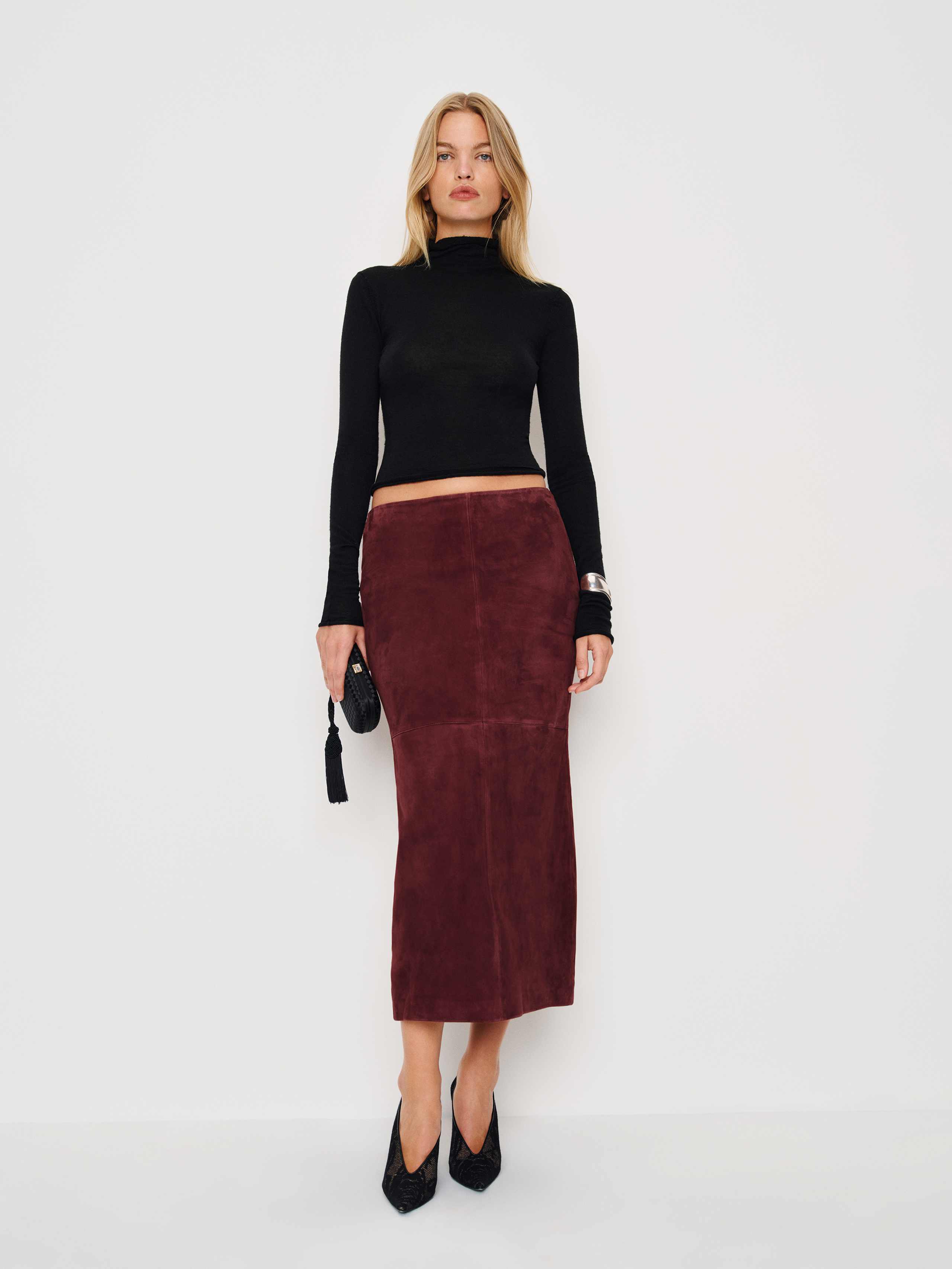Reformation Veda Cole Low Waist Leather Maxi Skirt In Burgundy