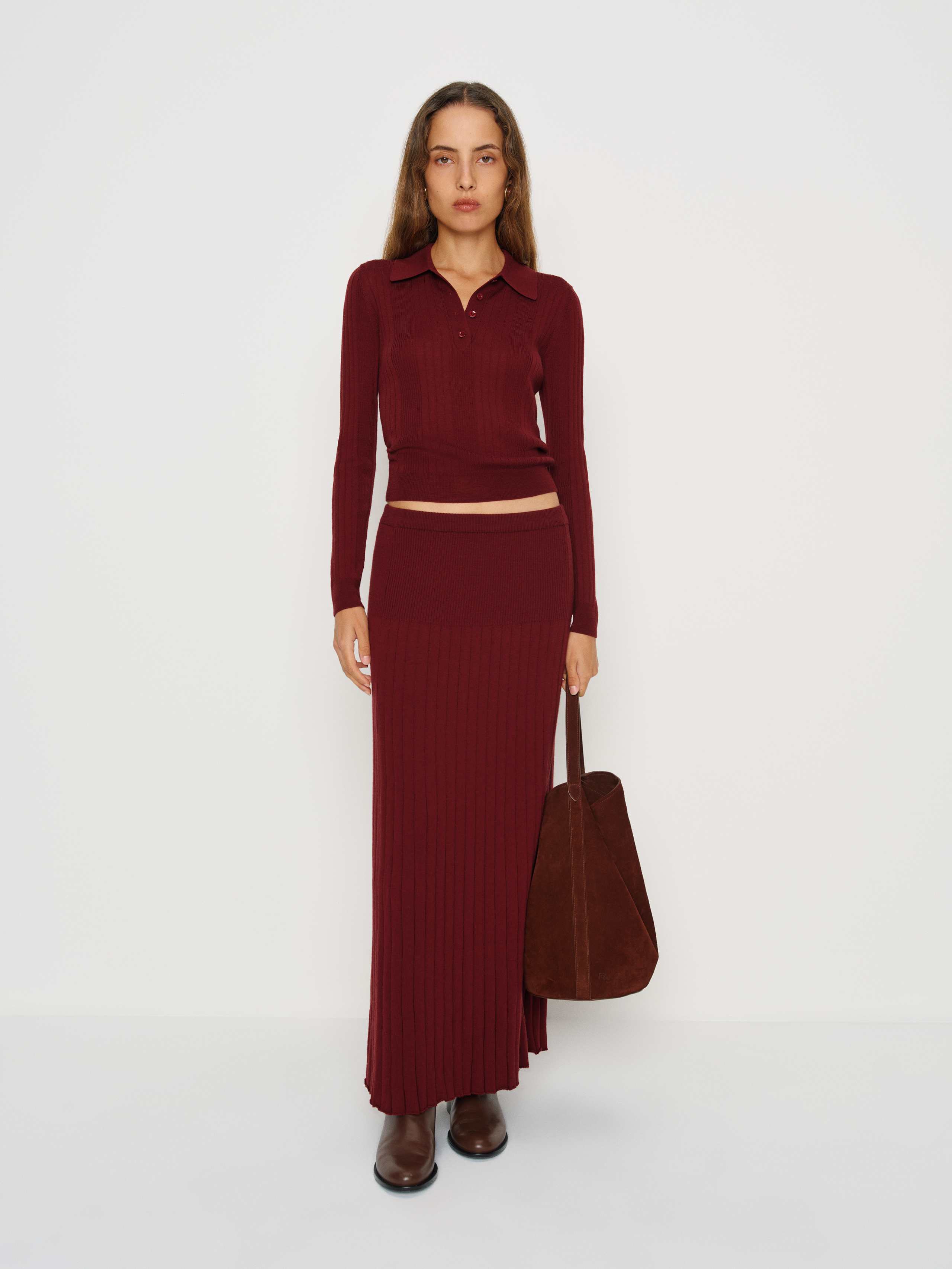 Reformation Ettie Regenerative Merino Midi Skirt In Burgundy