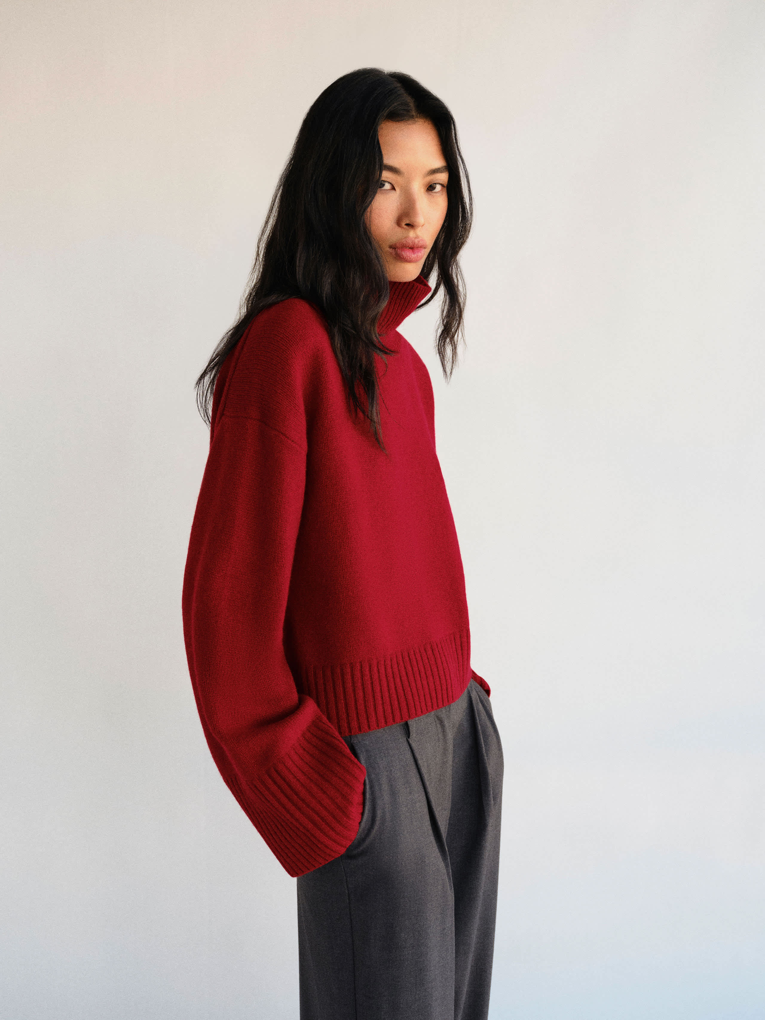 Reformation March Regenerative Wool Cropped Turtleneck In Red