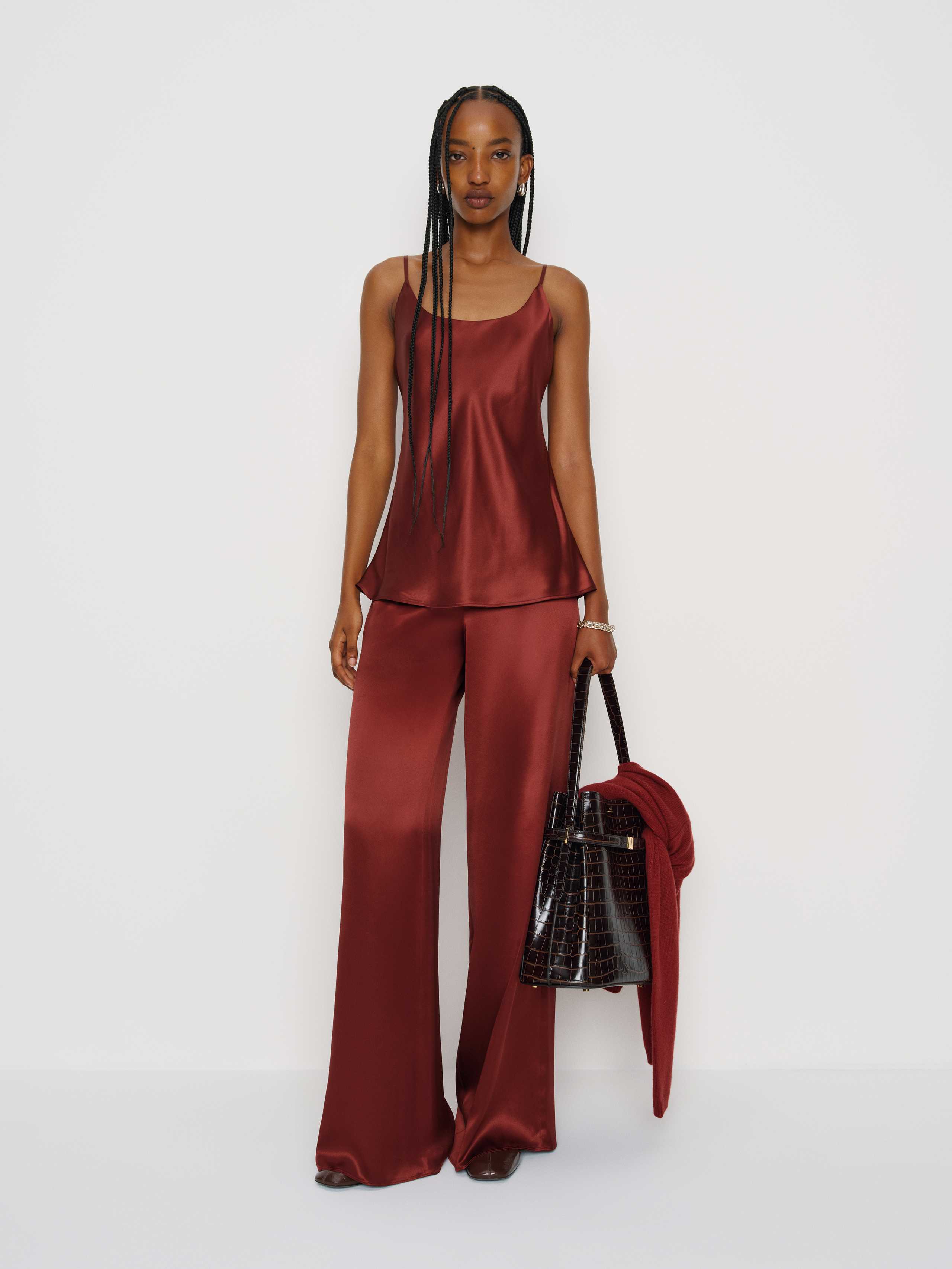 Reformation Celine Low Rise Silk Wide Leg Pant In Burgundy