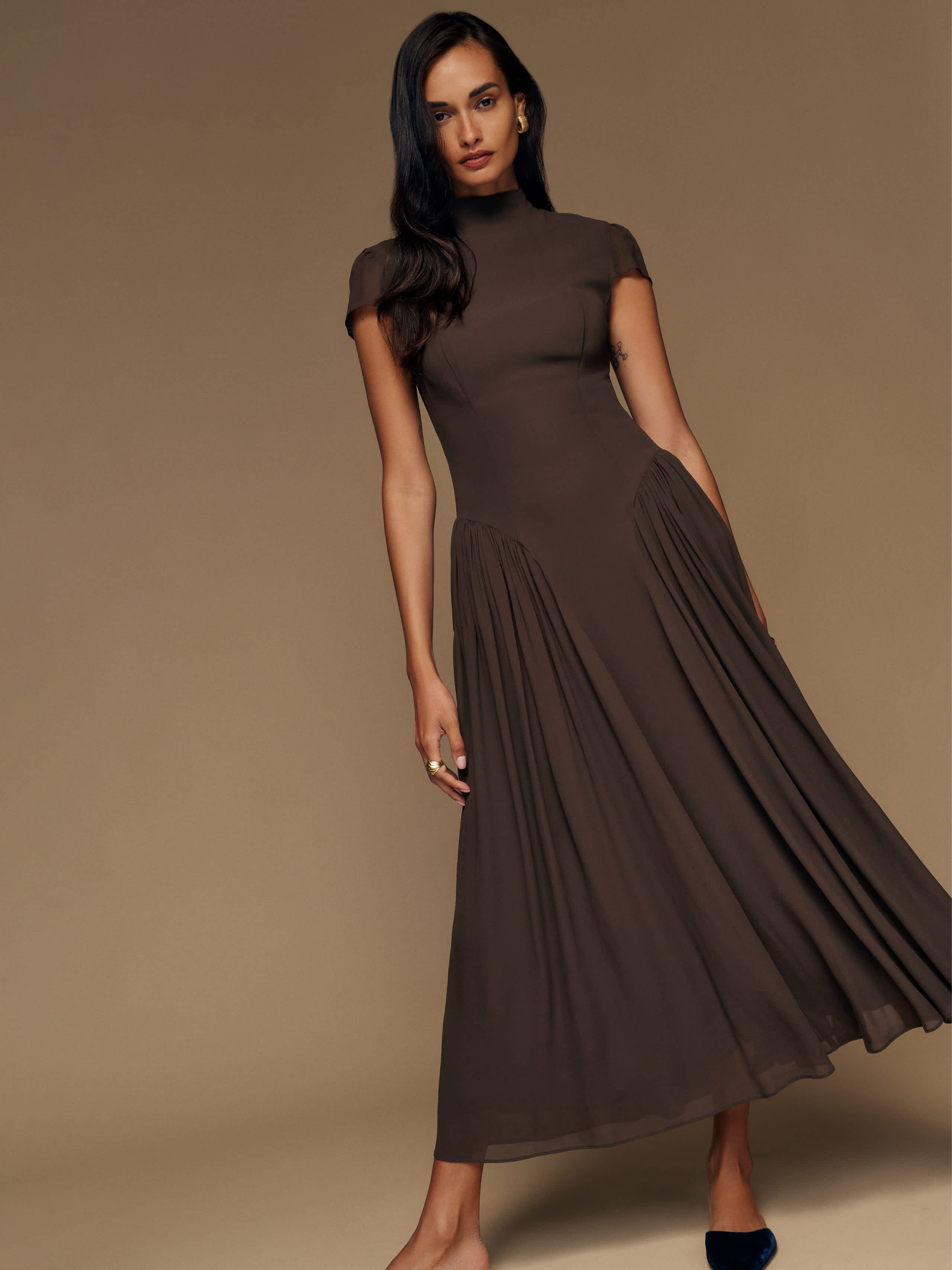 Reformation Maven Mock-neck Chiffon Midi Dress In Brown