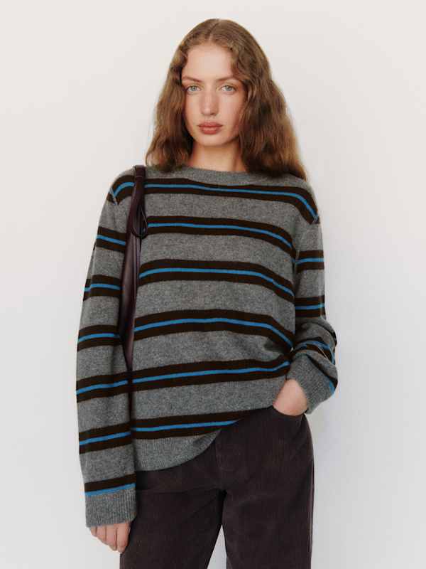 Cashmere Boyfriend Sweater - Thunder Cerulean Multi Stripe