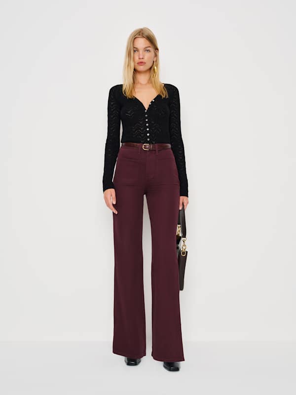 Jean large taille haute en denim stretch Alyssa - Bordeaux