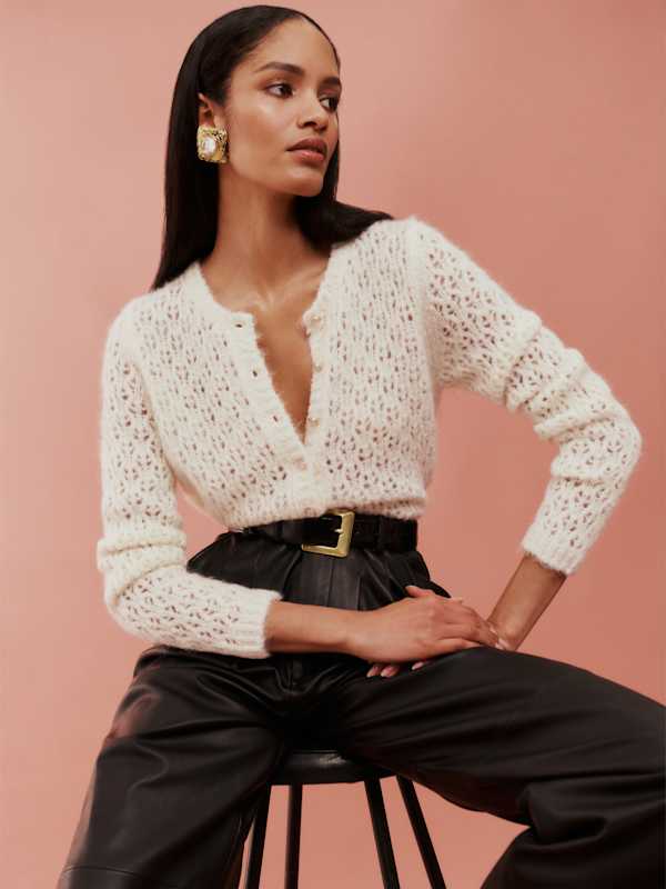Clara Crew Cardigan - White Pointelle