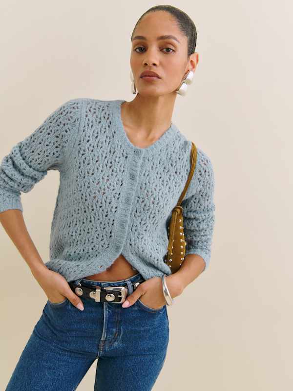 Cardigan ras-du-cou Clara - Maille pointelle Minéral