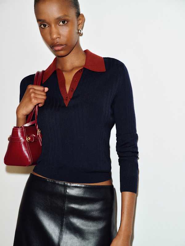 Hermia Regenerative Merino Polo - Navy Chianti Contrast Placket