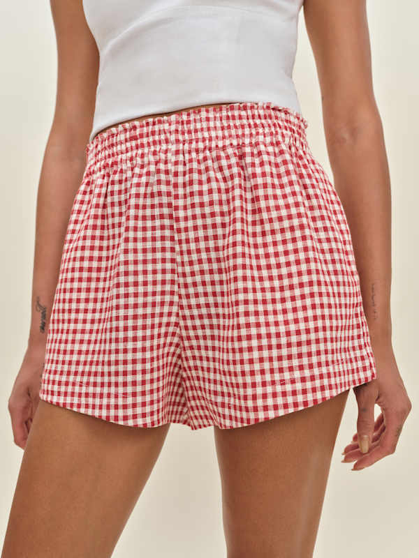 Short en lin Mila - Rouge franc à carreaux