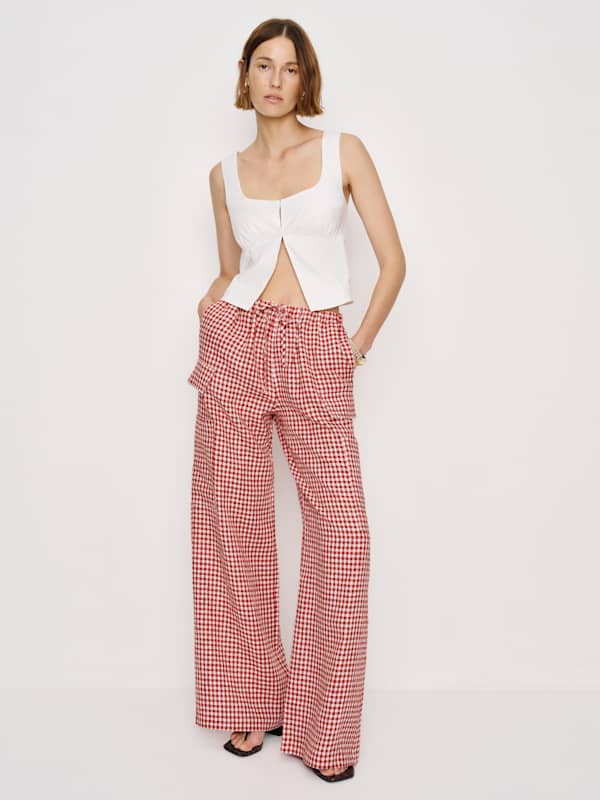 Ethan Linen Pant - Tomato Check
