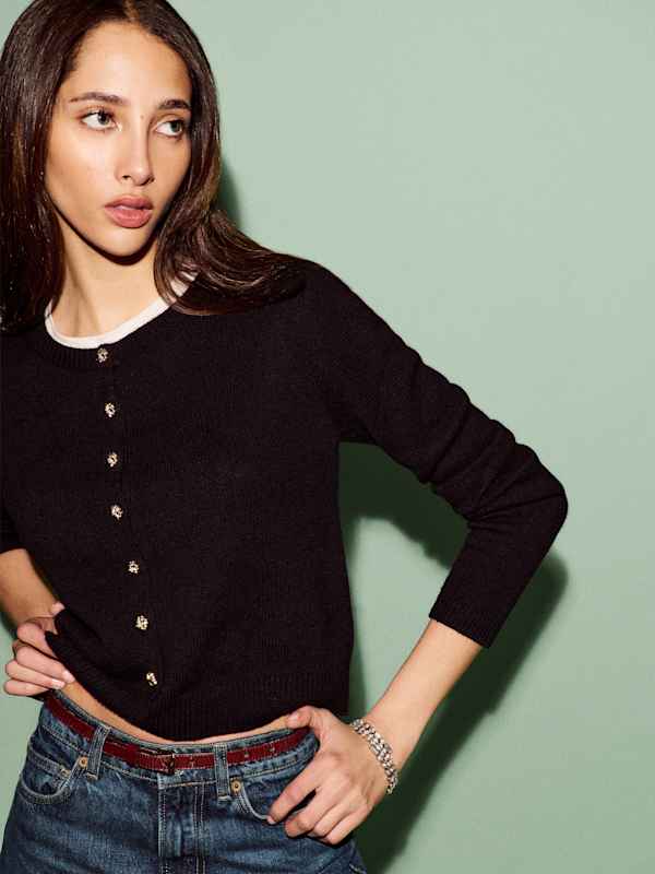 Clara Cashmere Crew Cardigan - Black Gold