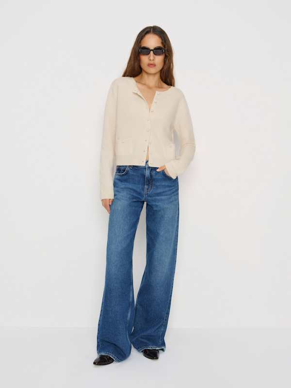 Clara Cashmere Crew Cardigan - Cream Patch Pocket