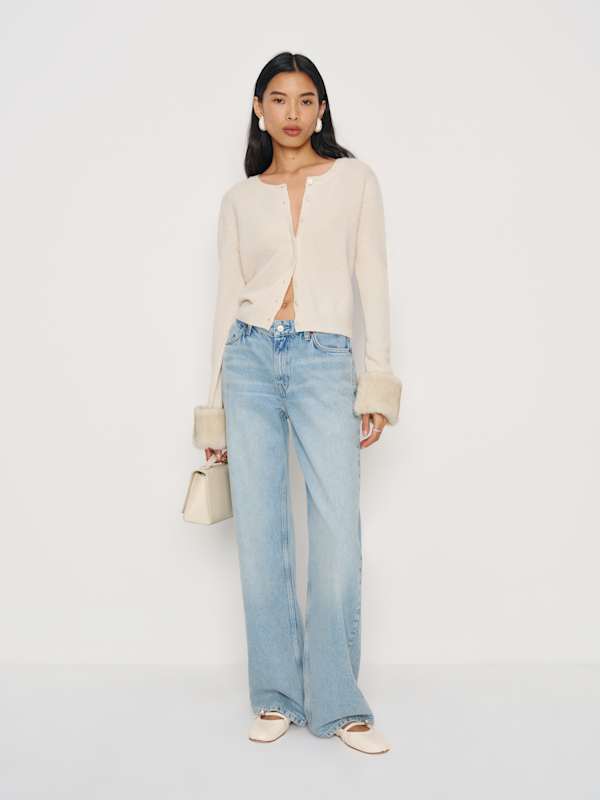 Clara Cashmere Crew Cardigan - Cream Faux Fur Cuff