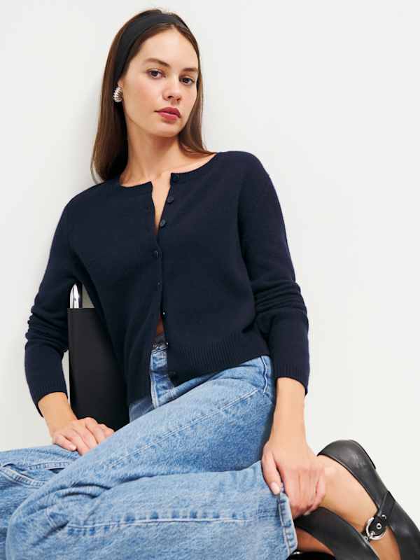 Clara Cashmere Crew Cardigan - Navy