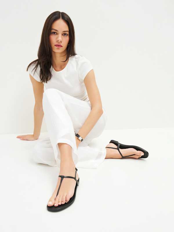 Thea T-strap Flat Sandal - Black Leather