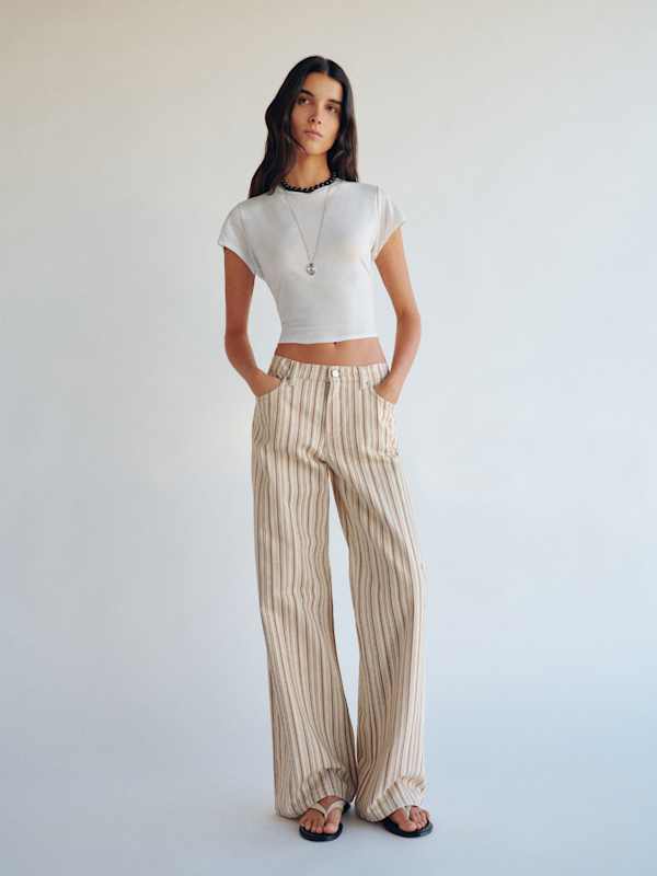 Cary Low Rise Slouchy Wide Leg Jeans - Tan Stripe