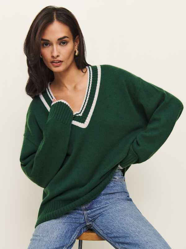 Pull à col V oversize en cachemire Jadey - Vert bouteille foncé à rayures écrues
