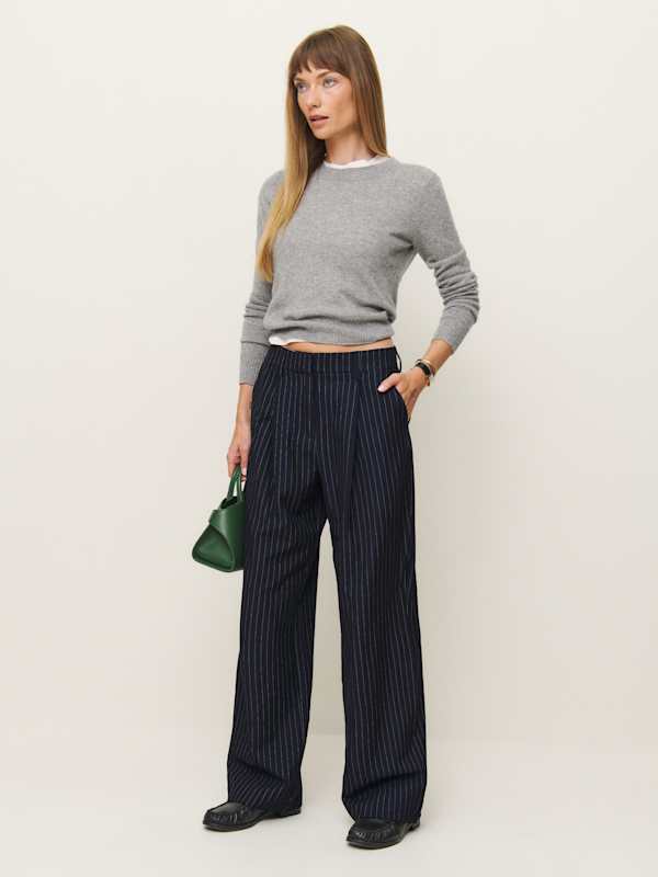 Pantalon taille mi-haute Alex - Rayures bleu nuit