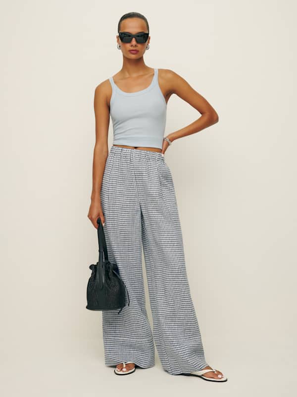 Pantalon large en lin Fernando - Gris ardoise à carreaux