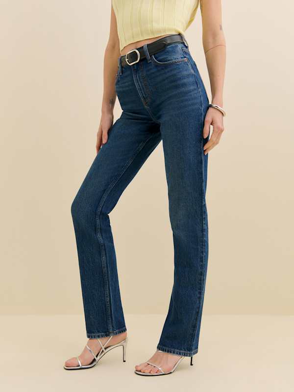 Jean droit à taille haute en denim stretch Jax - Mellusine