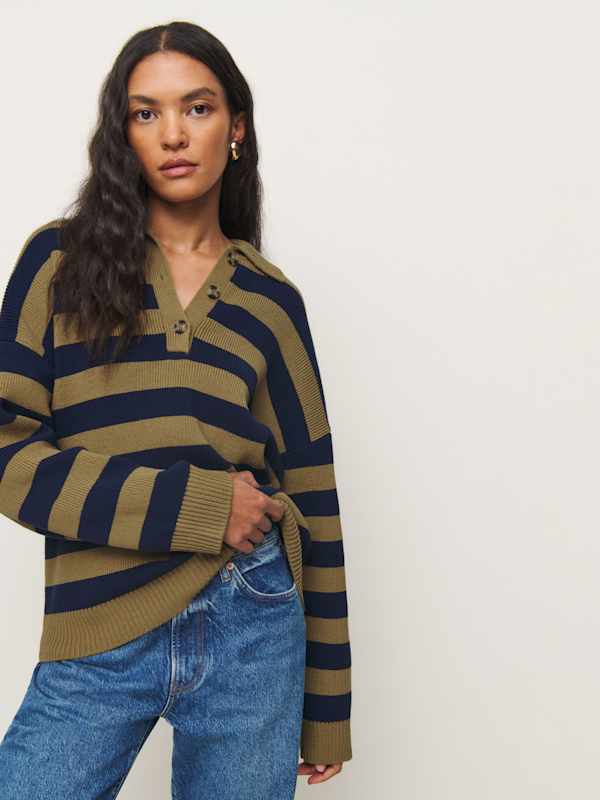 Pull polo en coton Brooklyn - Rayures bronze et marine