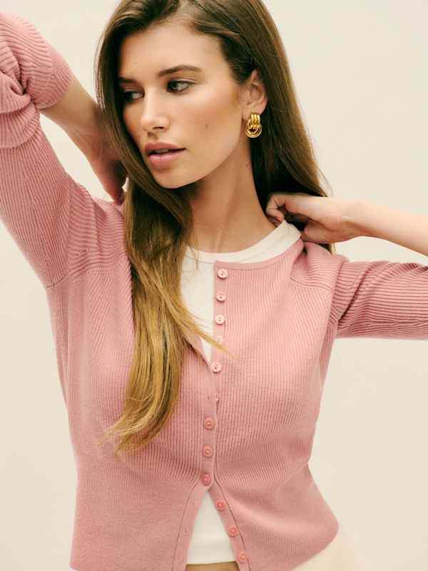 Cardigan en mérinos régénératif Meadow - Rose poudré