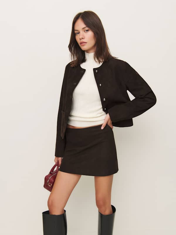 Jupe taille basse en cuir Veda Carla - Daim brun