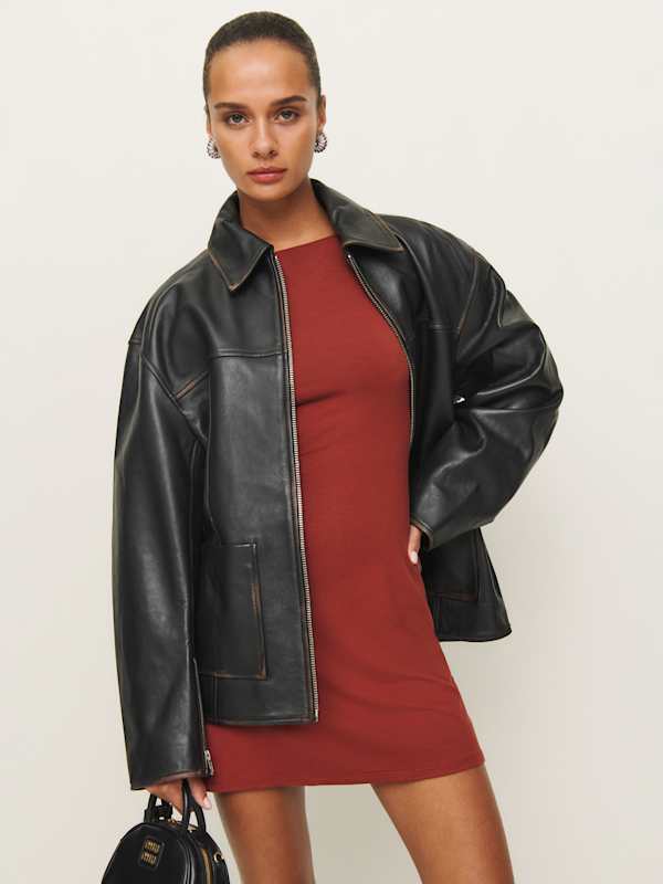 Blouson oversize en cuir Veda Bennett - Noir effet vieilli
